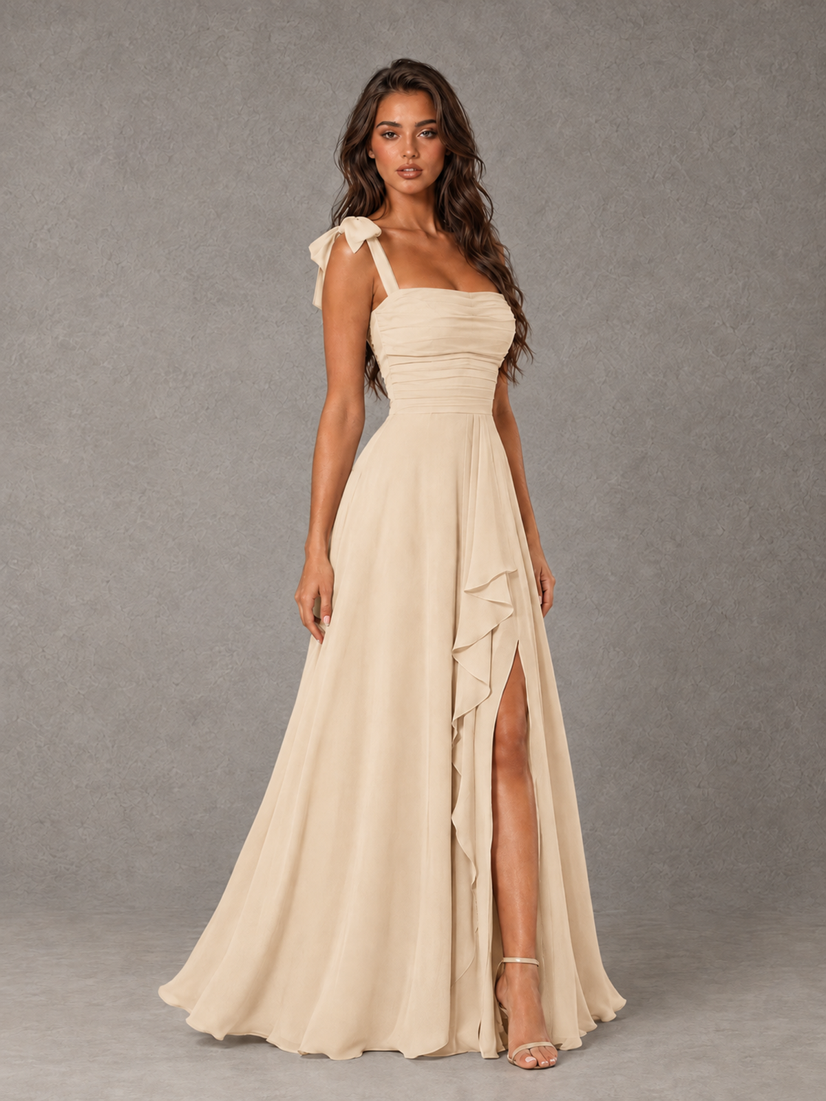 BOLODOO Champagne Bow-Strap Bridesmaid Dress with Ruffle Slit - Champagne - Champagne (3)