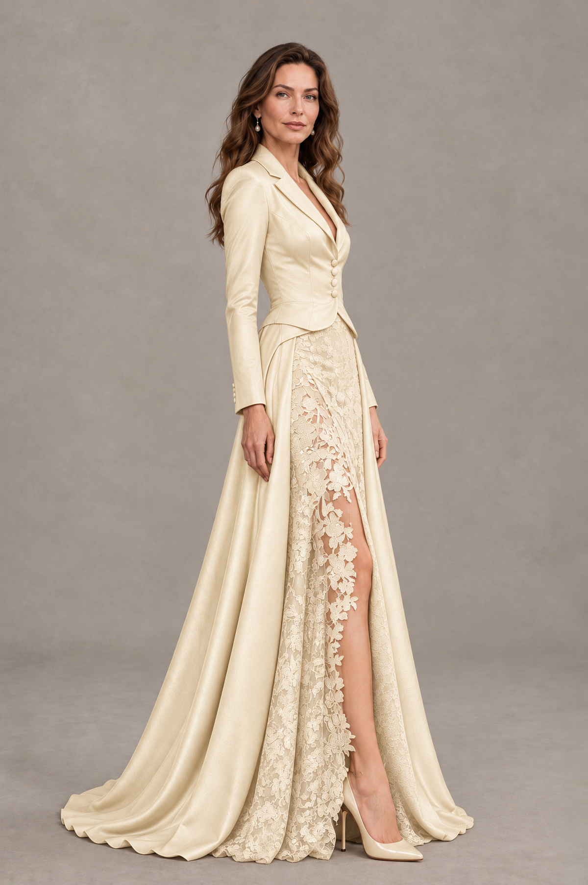 BOLODOO Champagne Long Sleeve Lace Blazer Gown with High Slit - Champagne - Champagne (3)