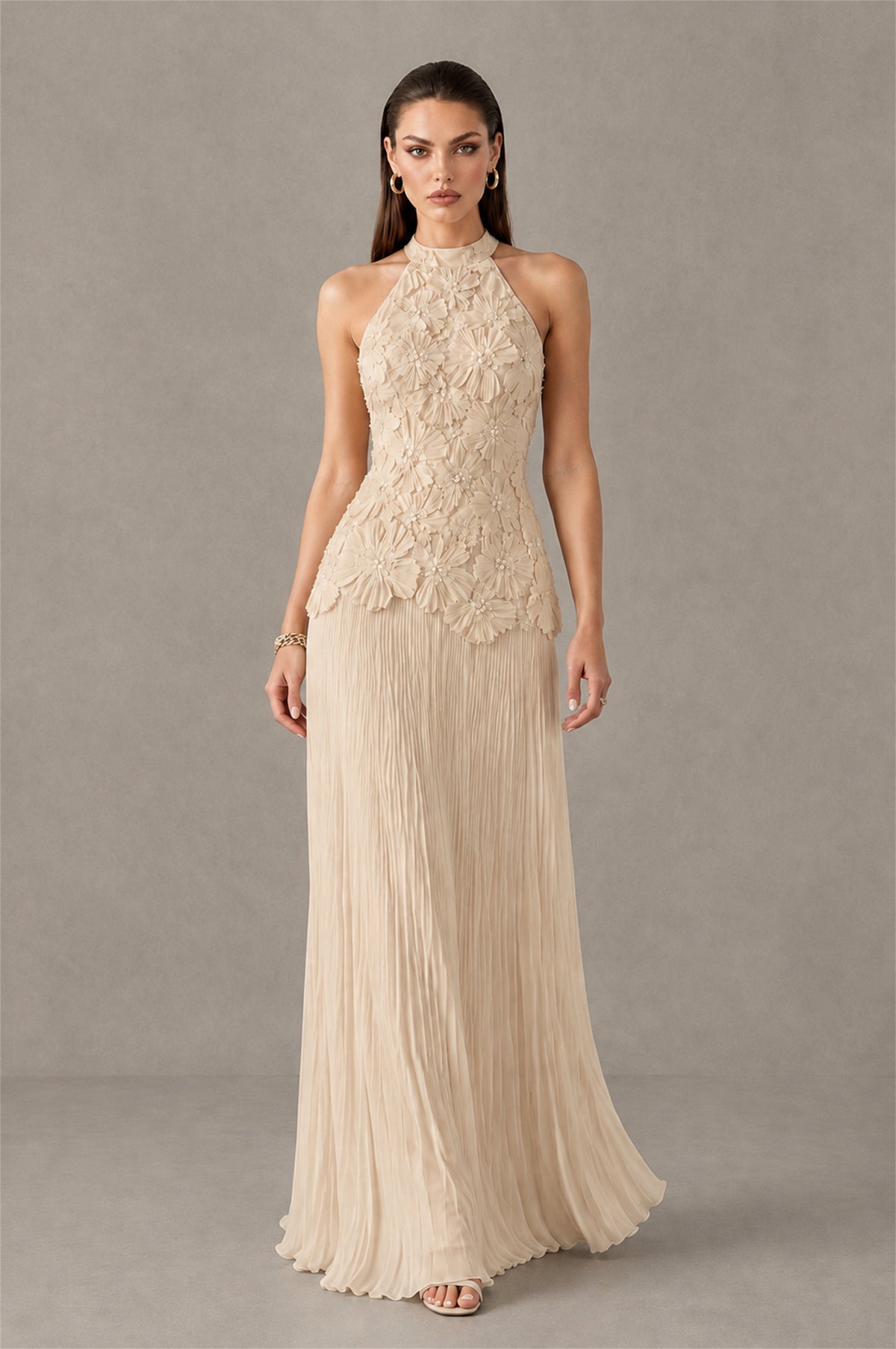 BOLODOO Champagne 3D Floral Applique Halter Neck Open Back Pleated Maxi Dress - Champagne