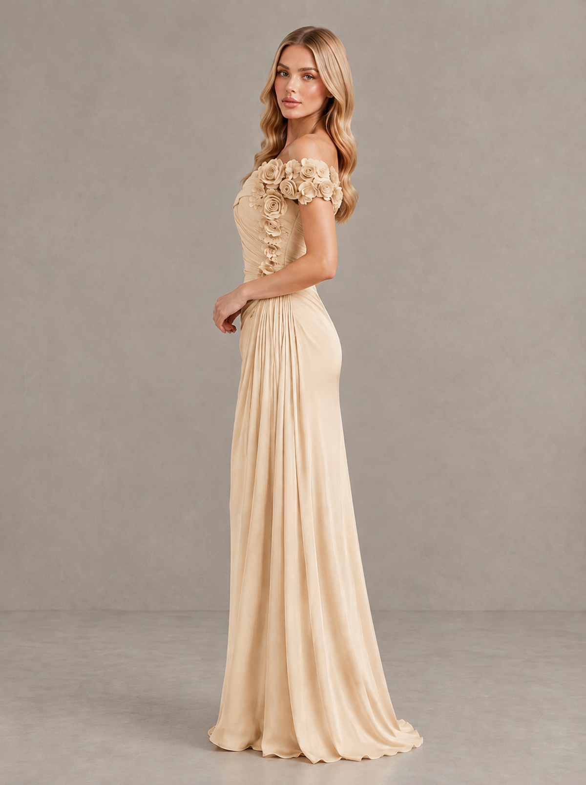 BOLODOO Champagne Off-Shoulder Floral Applique Wedding Guest Maxi Dress - Champagne - Champagne (3)