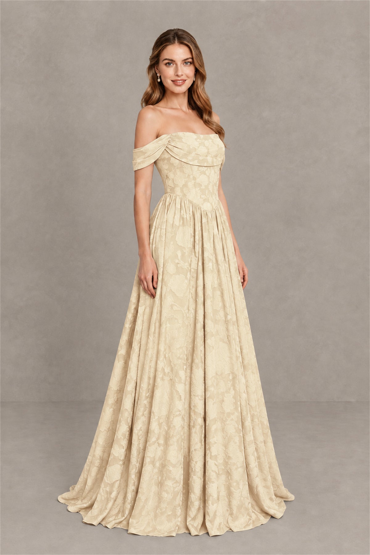 BOLODOO Champagne Off-Shoulder Floral A-Line Maxi Dress - Champagne