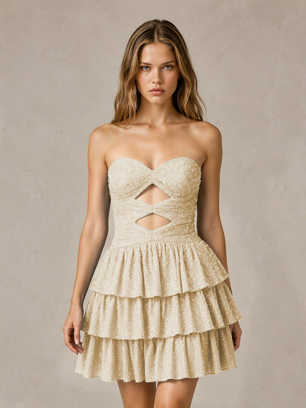 BOLODOO Champagne Strapless Sweetheart Cutout Glitter Tiered Ruffle Mini Dress | Lace-Up Back Corset - Champagne