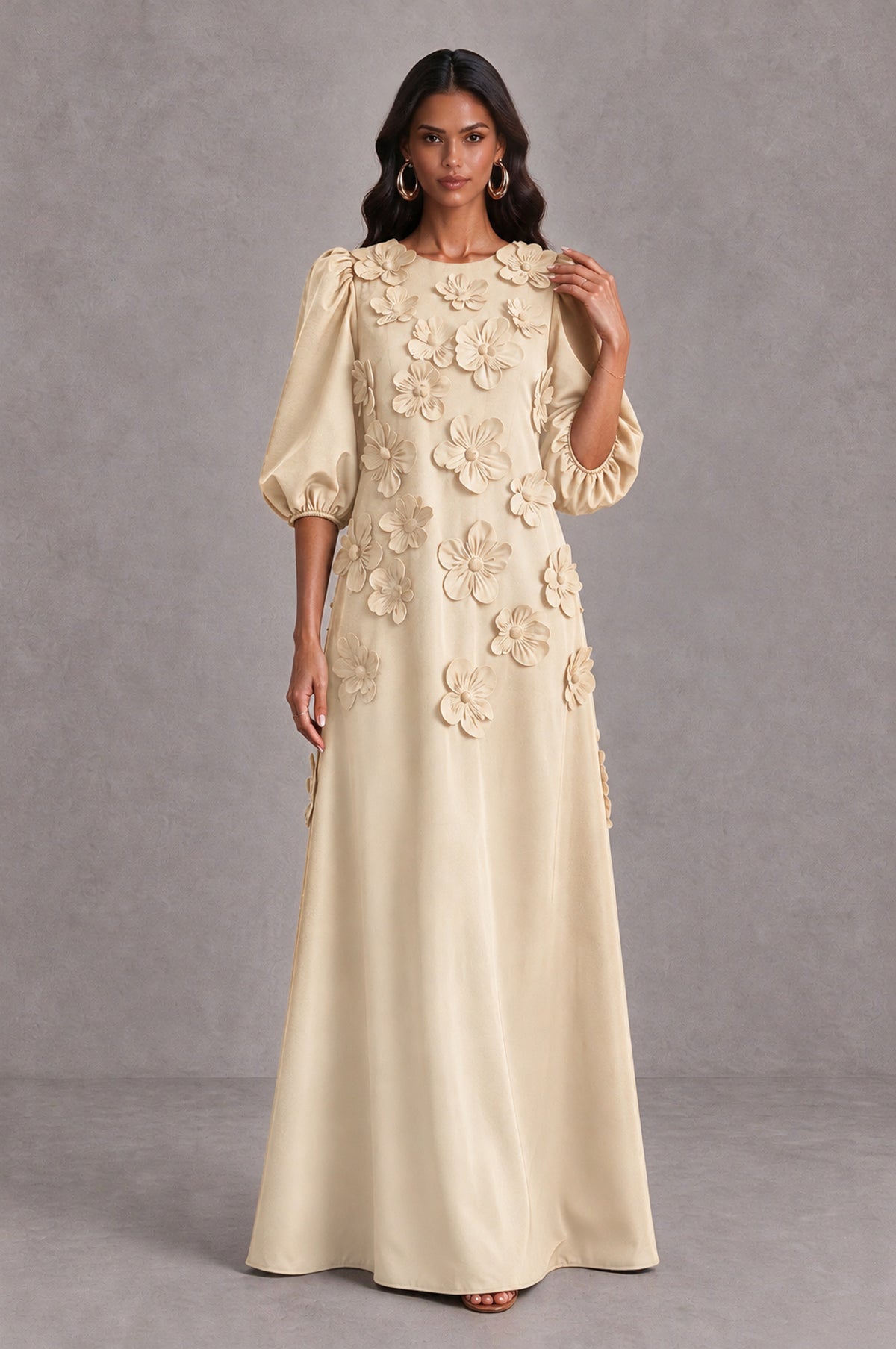 BOLODOO Champagne Floral Applique Puff Sleeve A-Line Evening Dress - Champagne - Champagne (3)