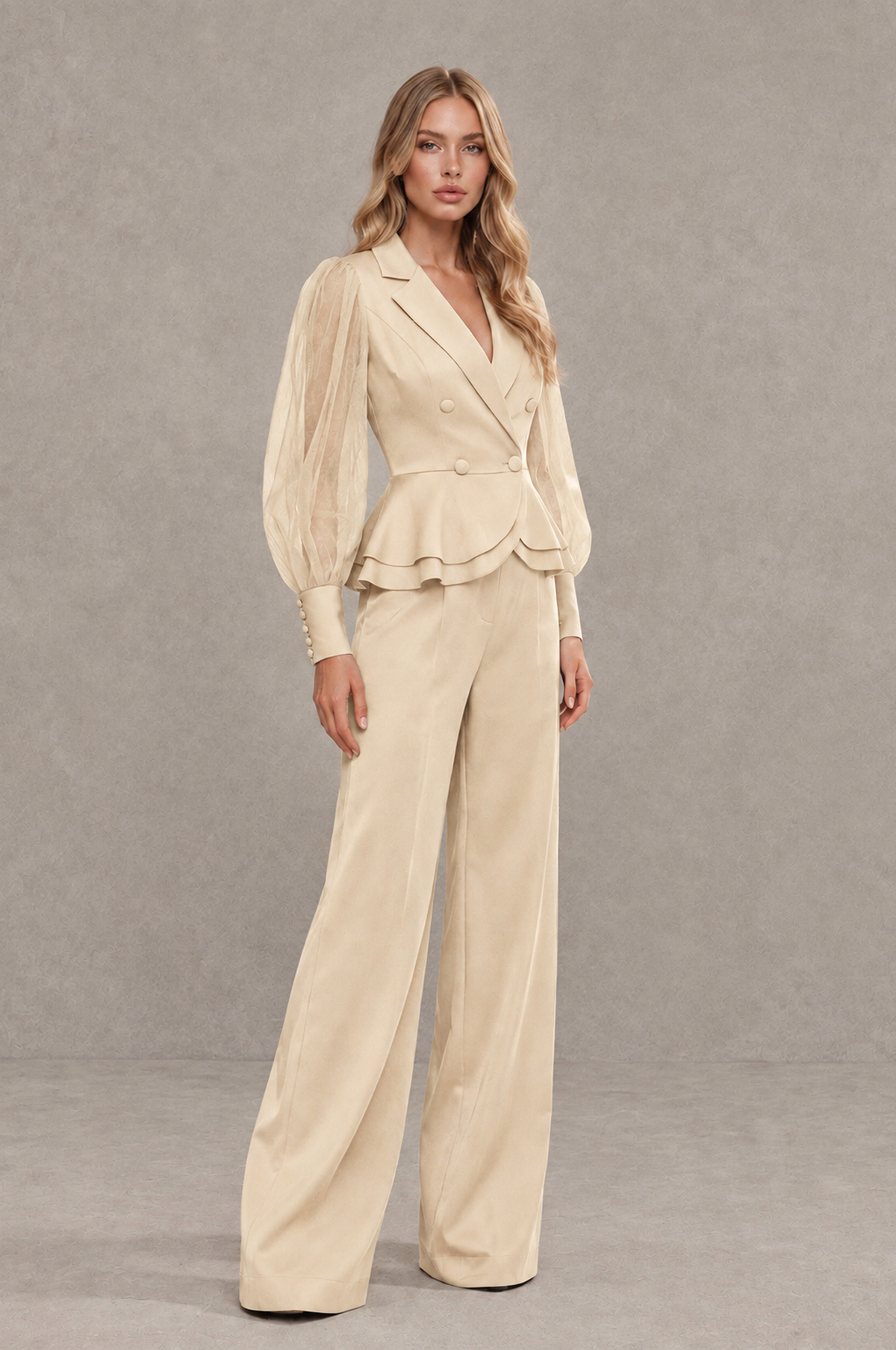 BOLODOO Mint Champagne Peplum Blazer Wide-Leg Pantsuit with Sheer Puff Sleeves - Champagne