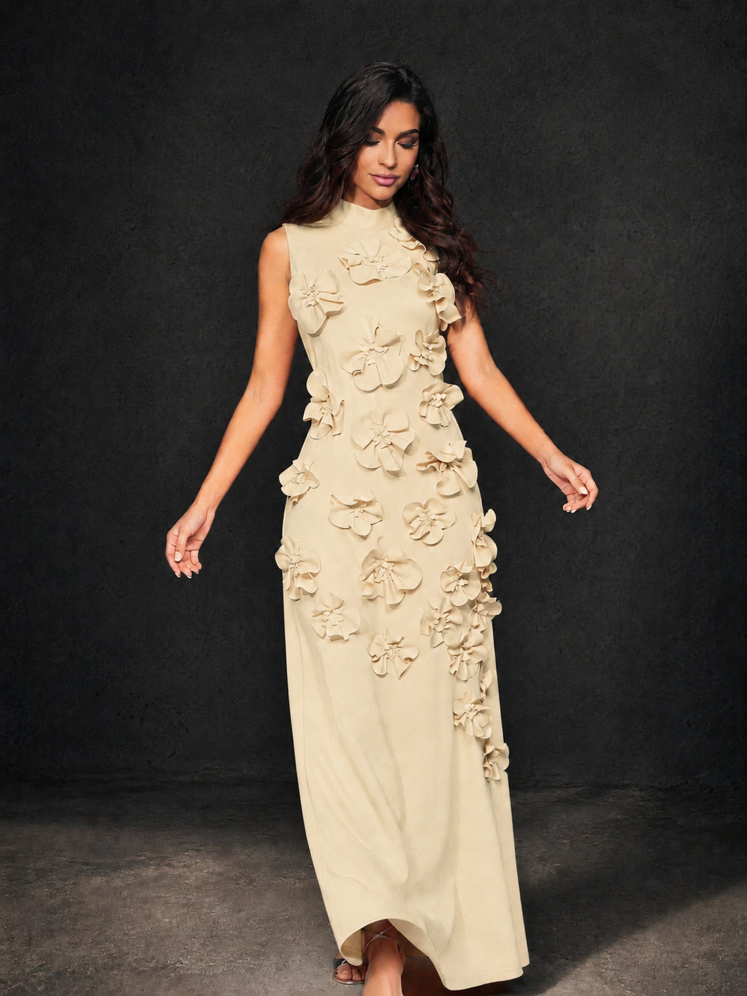 BOLODOO Champagne Mock Neck Sleeveless 3D Floral Appliqué Maxi Dress with Bow Back - Champagne
