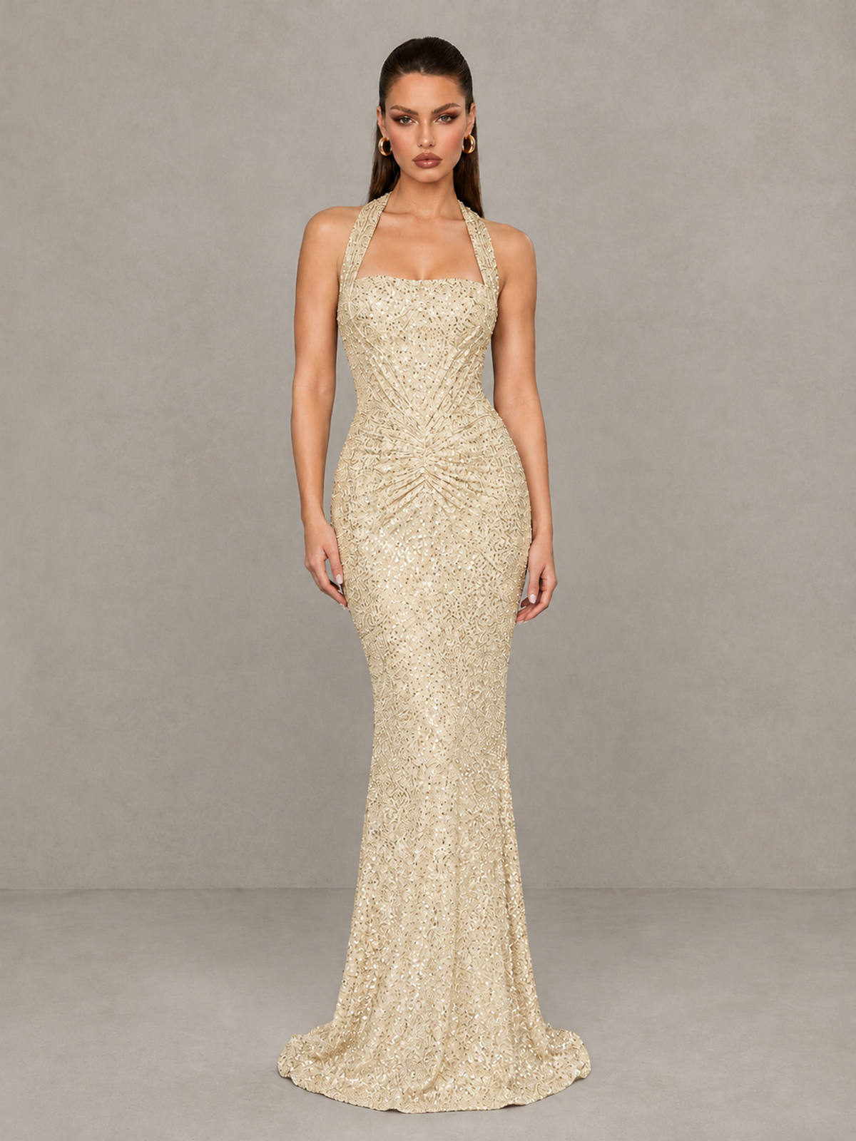 BOLODOO Champagne Sequin Halter Mermaid Evening Gown - Champagne - Champagne (3)