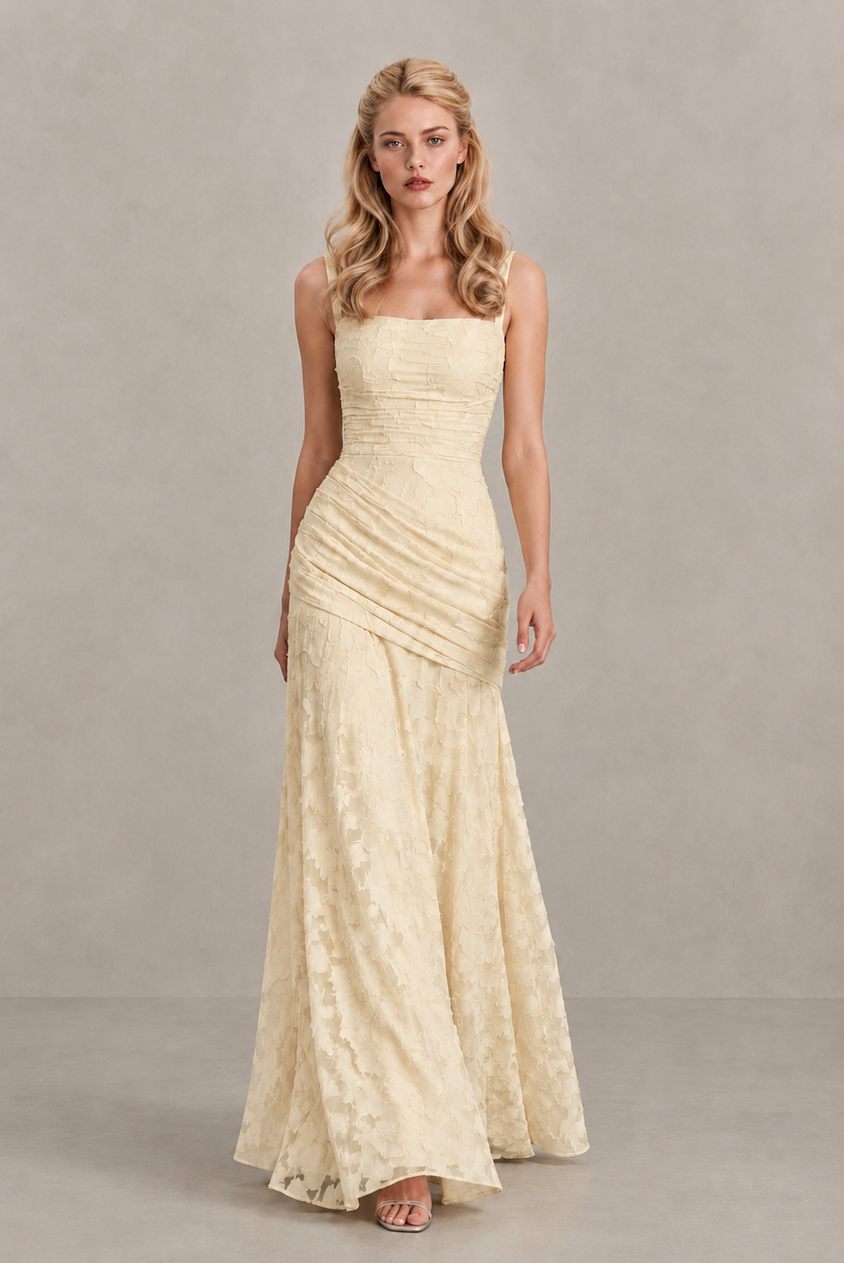 BOLODOO Champagne Ruched Floral Maxi Dress with Lace-Up Back - Champagne