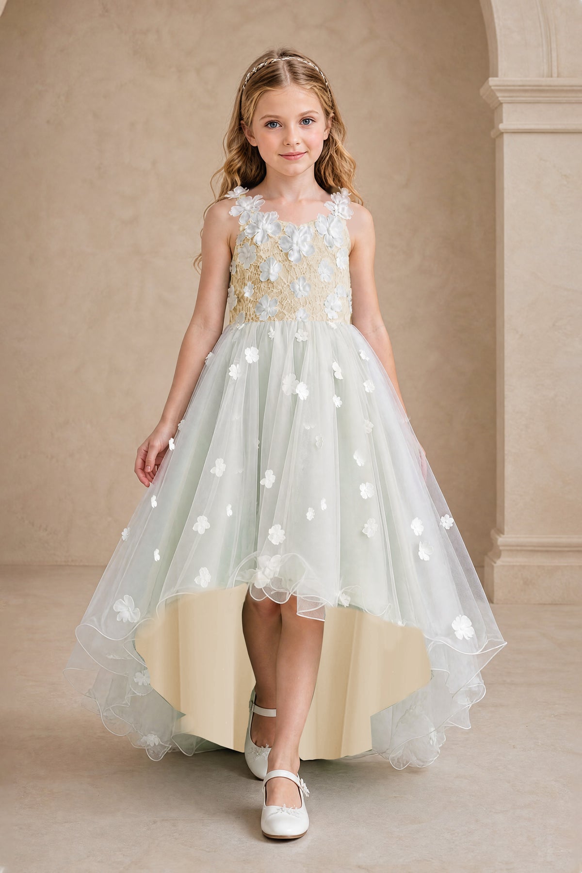 BOLODOO Champagne Flower Girl Dress with Floral Appliqué and High-Low Tulle Skirt - Champagne