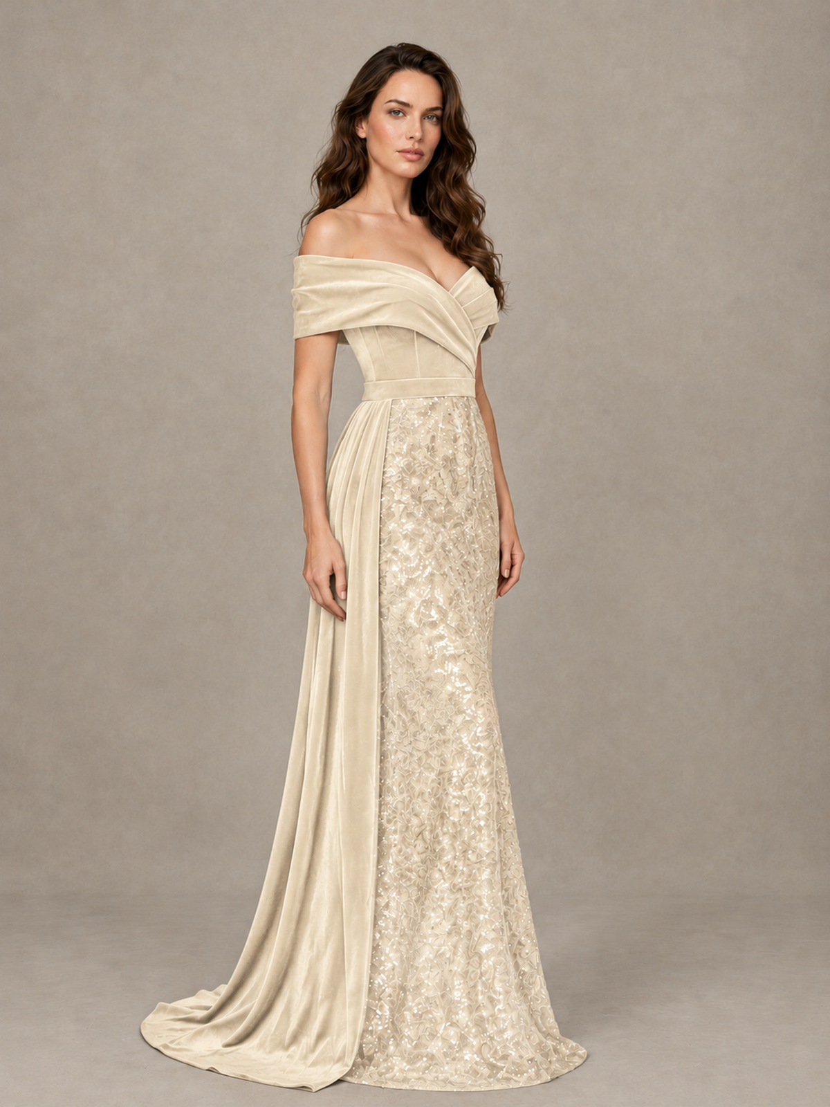 BOLODOO Champagne Off-Shoulder Velvet & Sequin Evening Gown with Side Train - Champagne - Champagne (3)