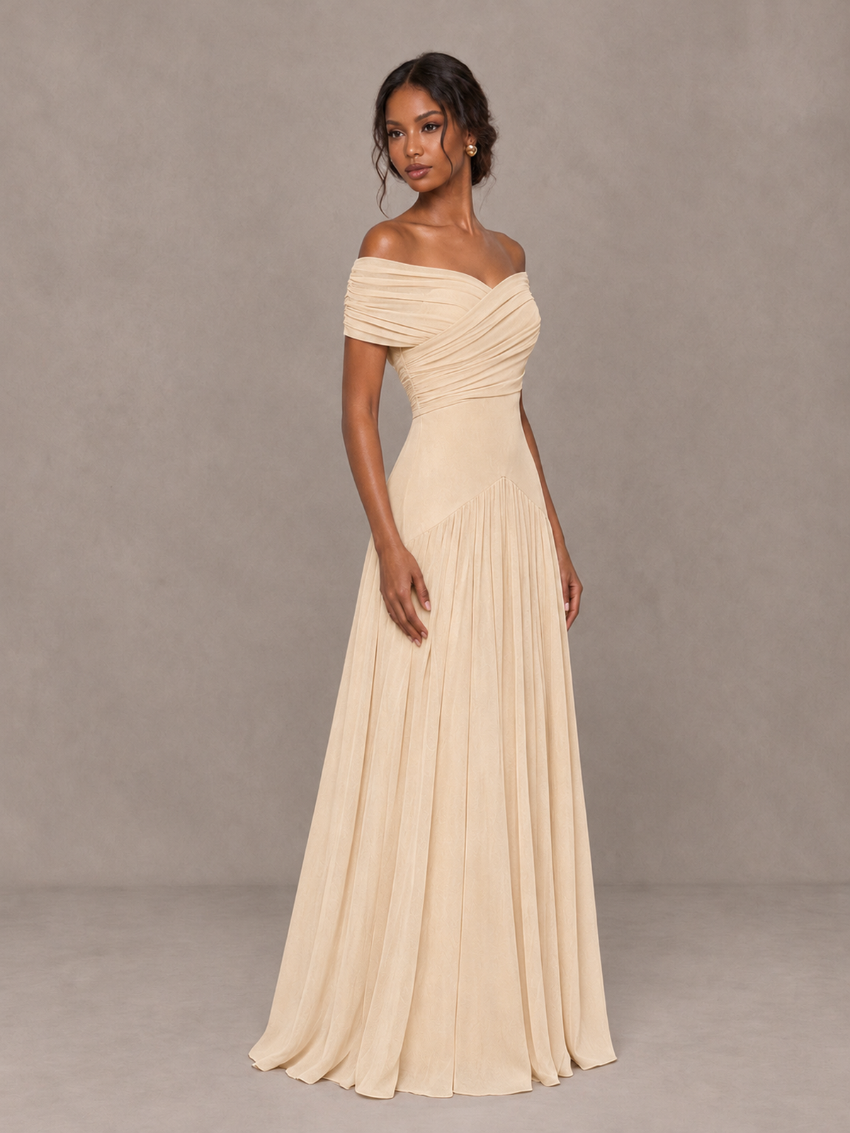 BOLODOO Champagne Off-Shoulder Ruched A-Line Bridesmaid Dress - Champagne - Champagne (3)