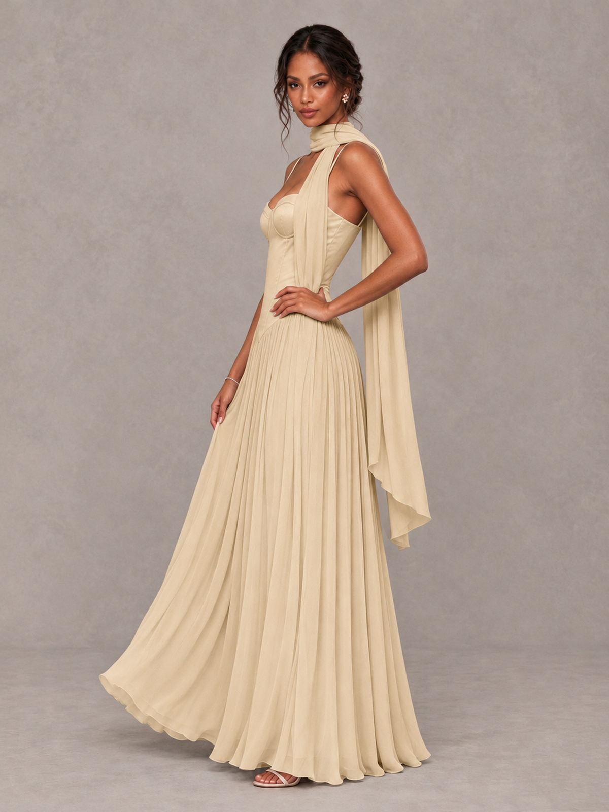 BOLODOO Champagne Corset Bridesmaid Dress with Scarf - Champagne - Champagne (3)