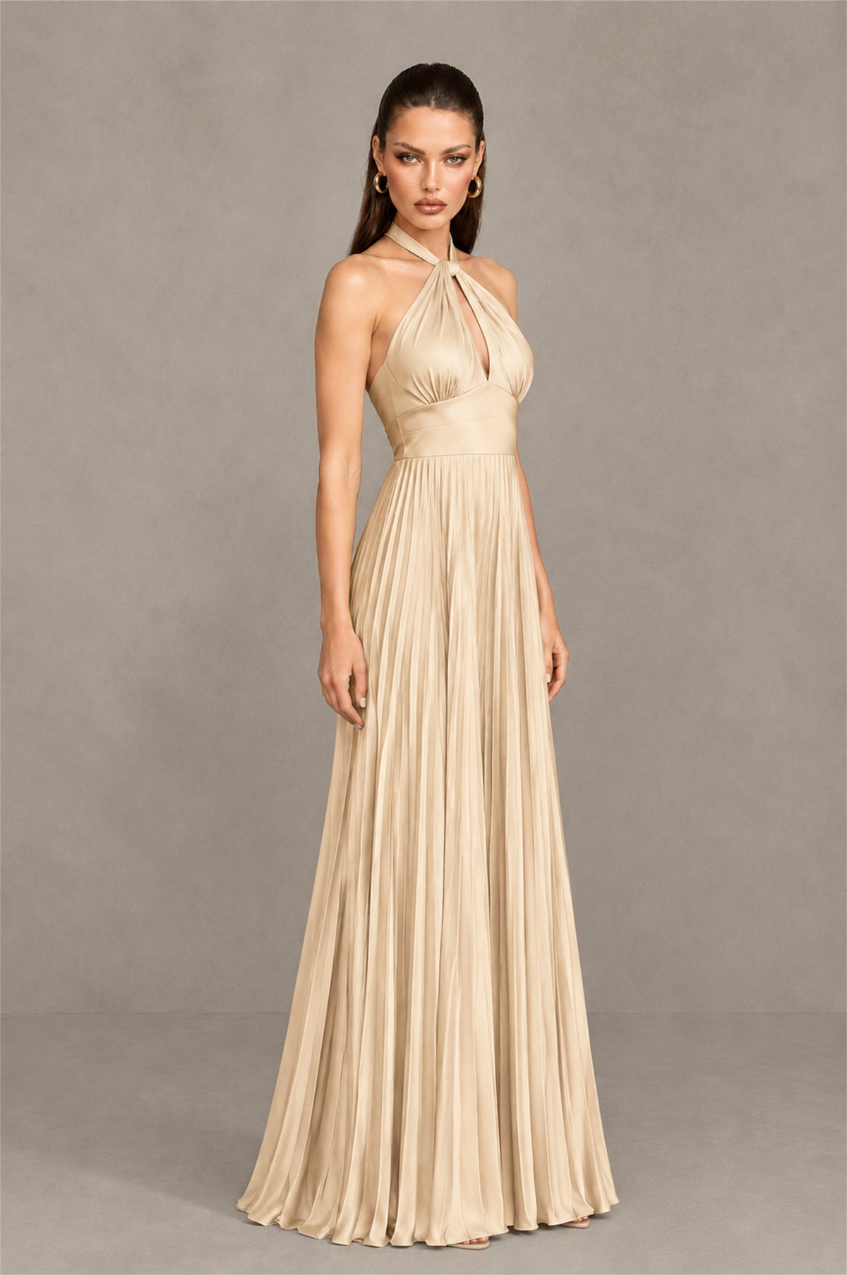 BOLODOO Champagne Halter Pleated A-Line Evening Dress - Champagne