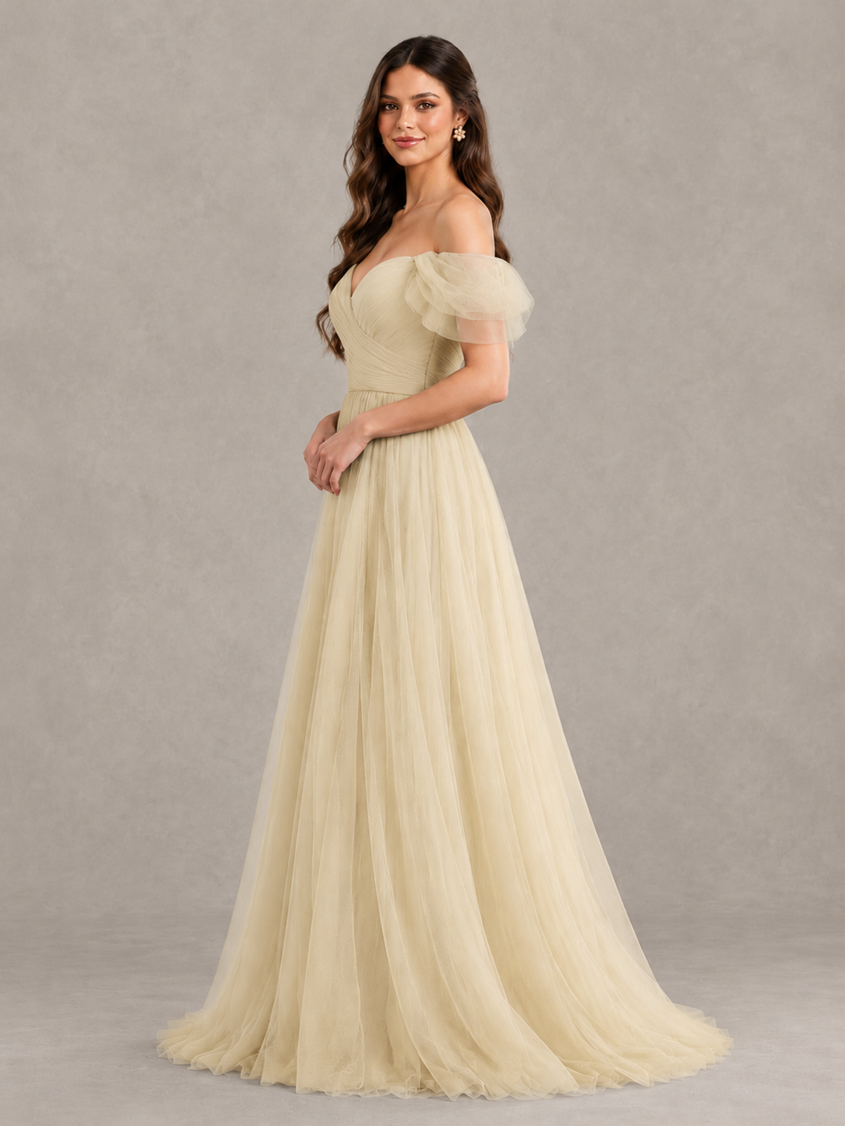 BOLODOO Champagne Off-the-Shoulder Ruffle Sleeve A-Line Bridesmaid Dress - Champagne - Champagne (3)