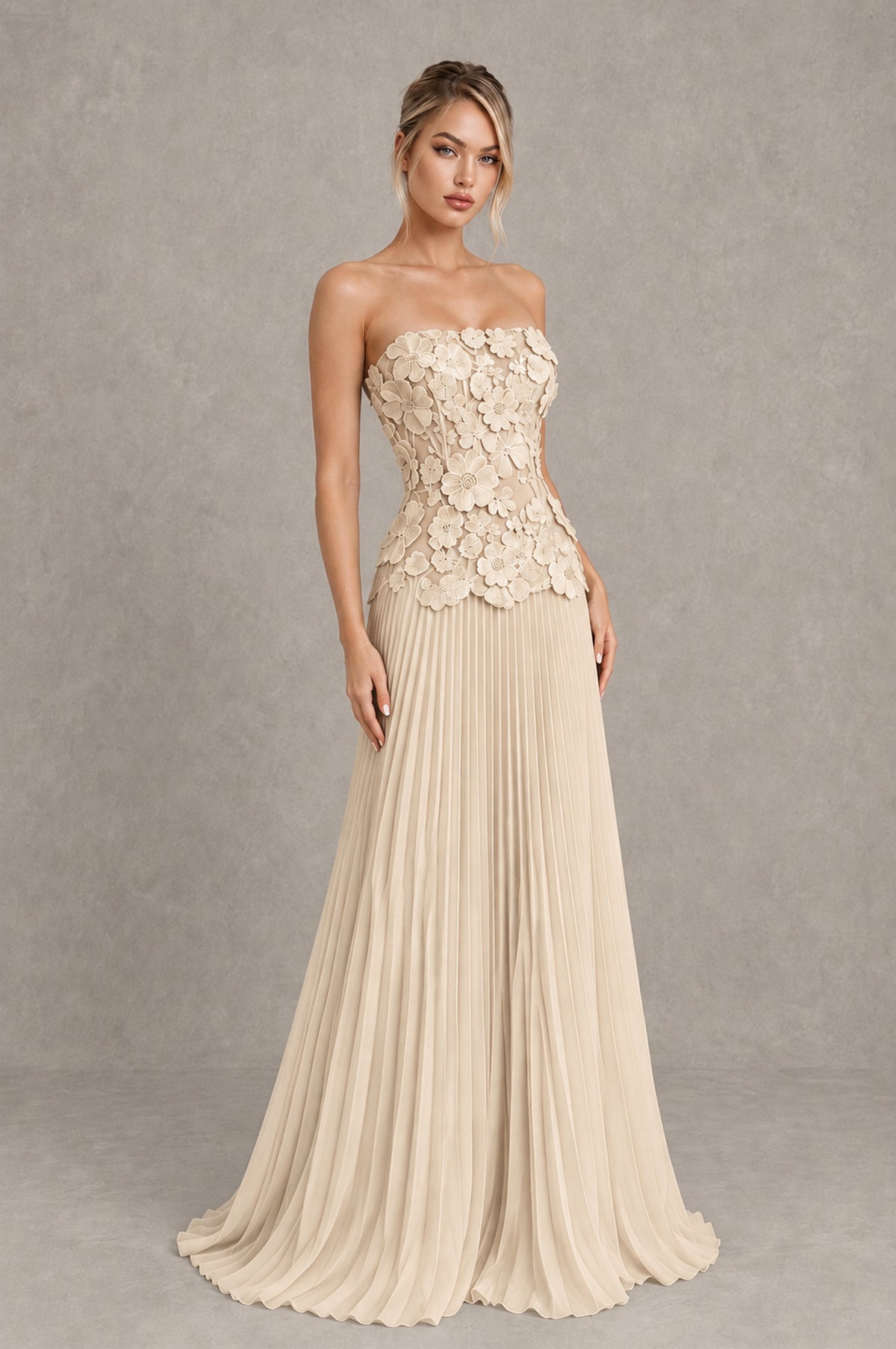 BOLODOO Champagne Strapless Floral Applique Pleated Evening Dress - Champagne - Champagne (3)