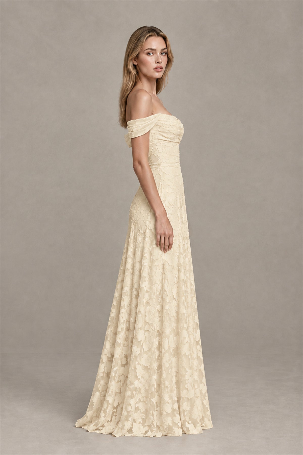 BOLODOO Champagne Off-Shoulder Pleated A-Line Maxi Dress Floral - Champagne