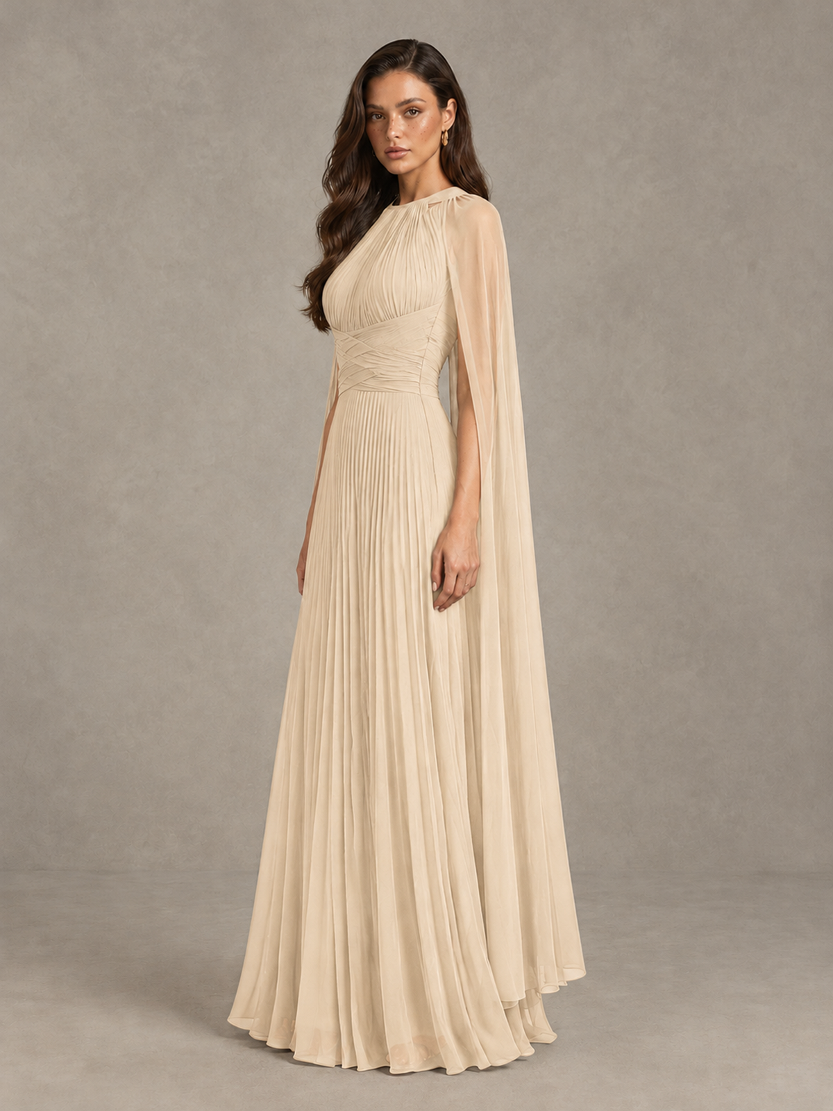 BOLODOO Champagne Pleated Cape Maxi Wedding Guest Dress - Champagne - Champagne (3)