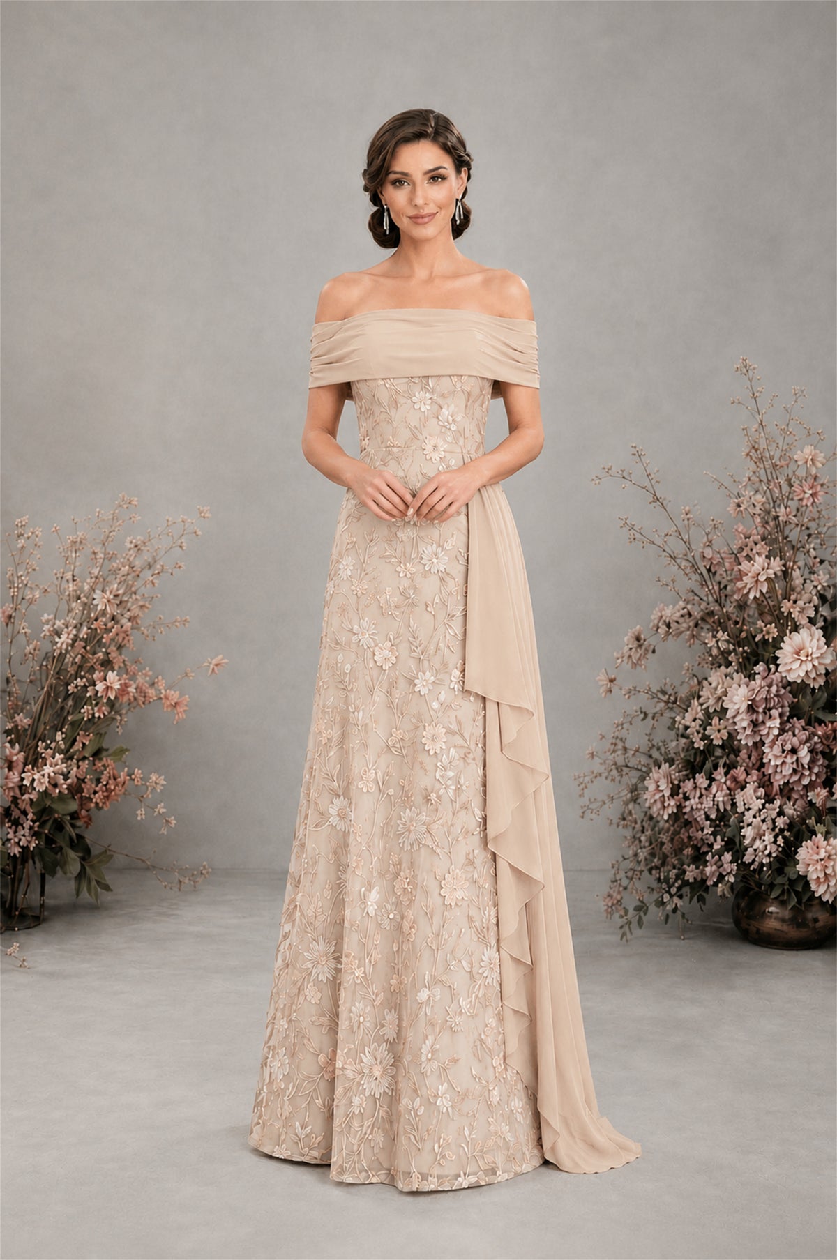BOLODOO Champagne Floral Embroidered Off-Shoulder A-Line Floor Length Gown | Mother of the Bride & Evening - Champagne - Champagne (3)