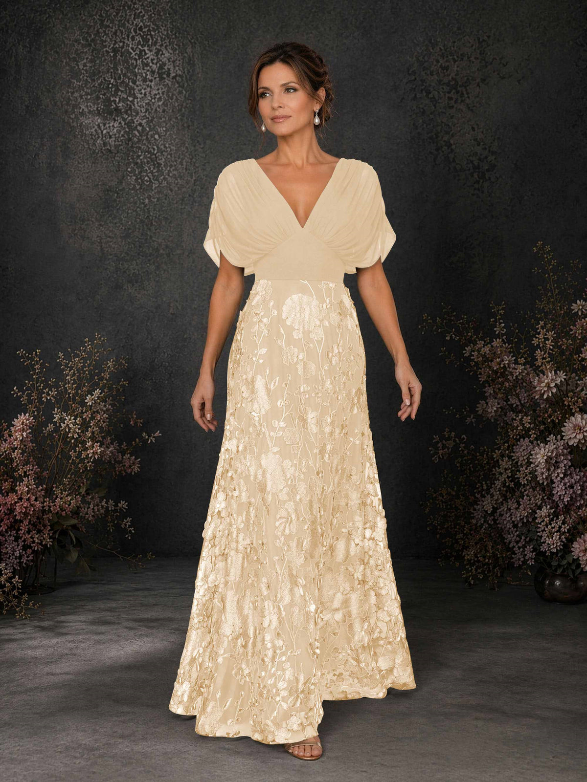 BOLODOO Champagne & Champagne Chiffon V-Neck Flutter Sleeve Floral Embroidered A-Line Gown BD0414 - Champagne
