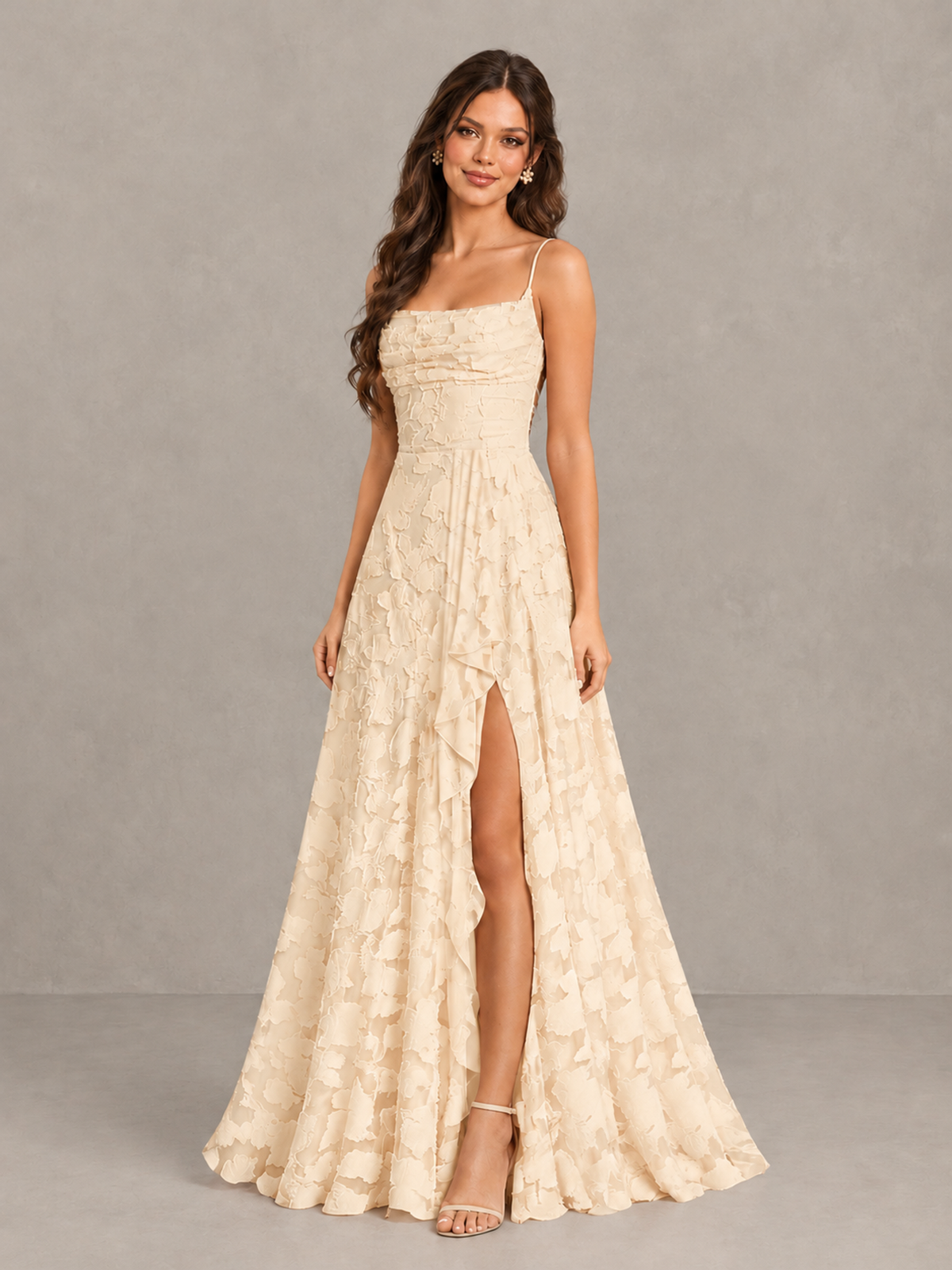 BOLODOO Champagne Floral Appliqué Slit Maxi Dress - Champagne - Champagne (3)