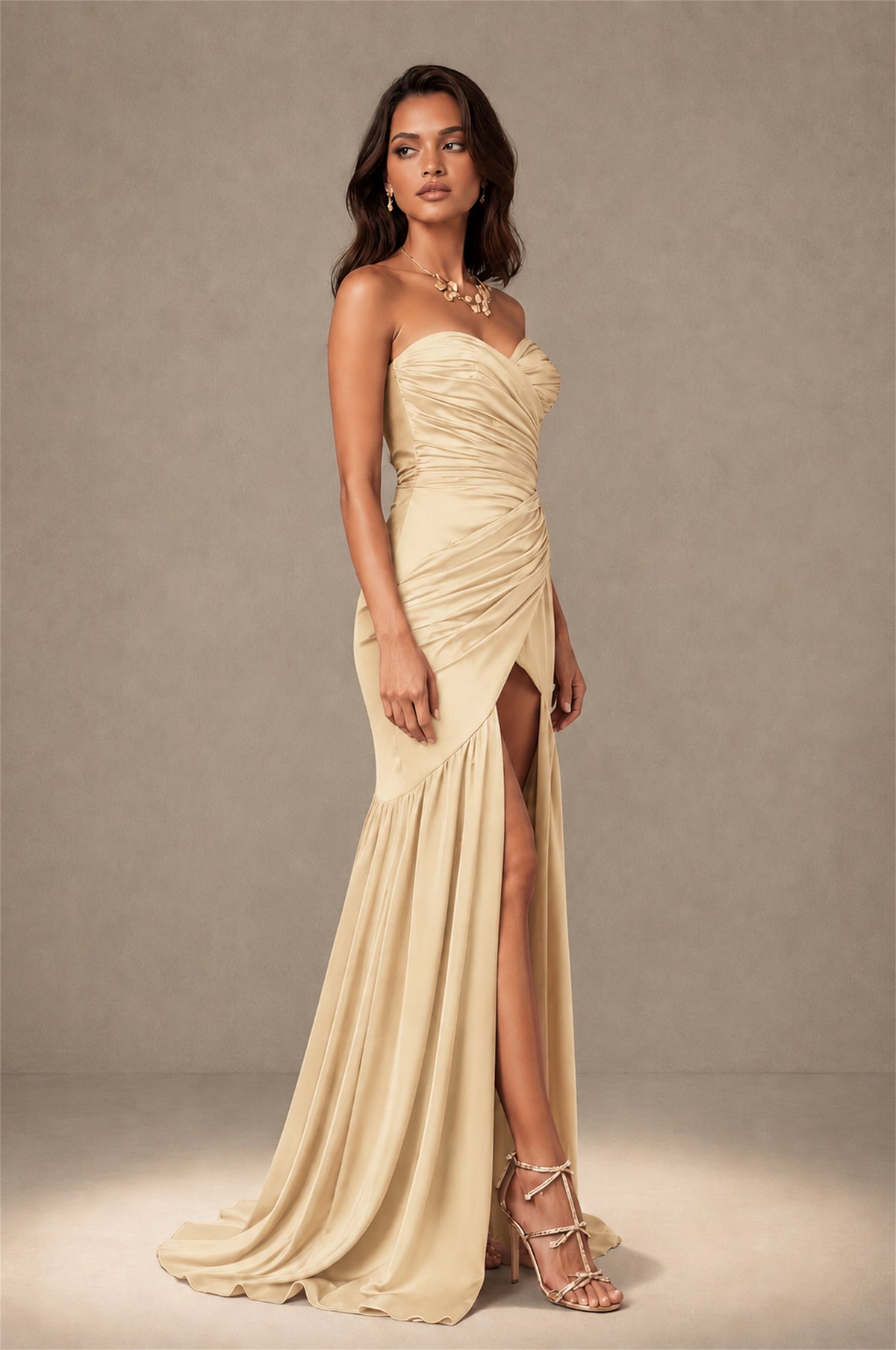 BOLODOO Champagne Brown Stretch Satin Sweetheart Strapless Ruched Open Back High Slit Mermaid Maxi Dress - Champagne