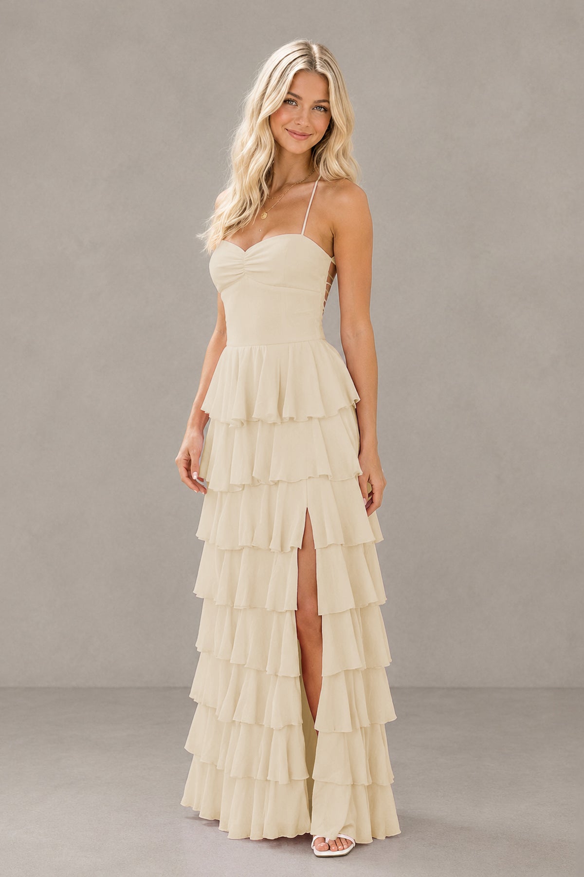 BOLODOO Champagne Strapless Tiered Ruffle Maxi Dress with Slit & Lace-Up Back - Champagne