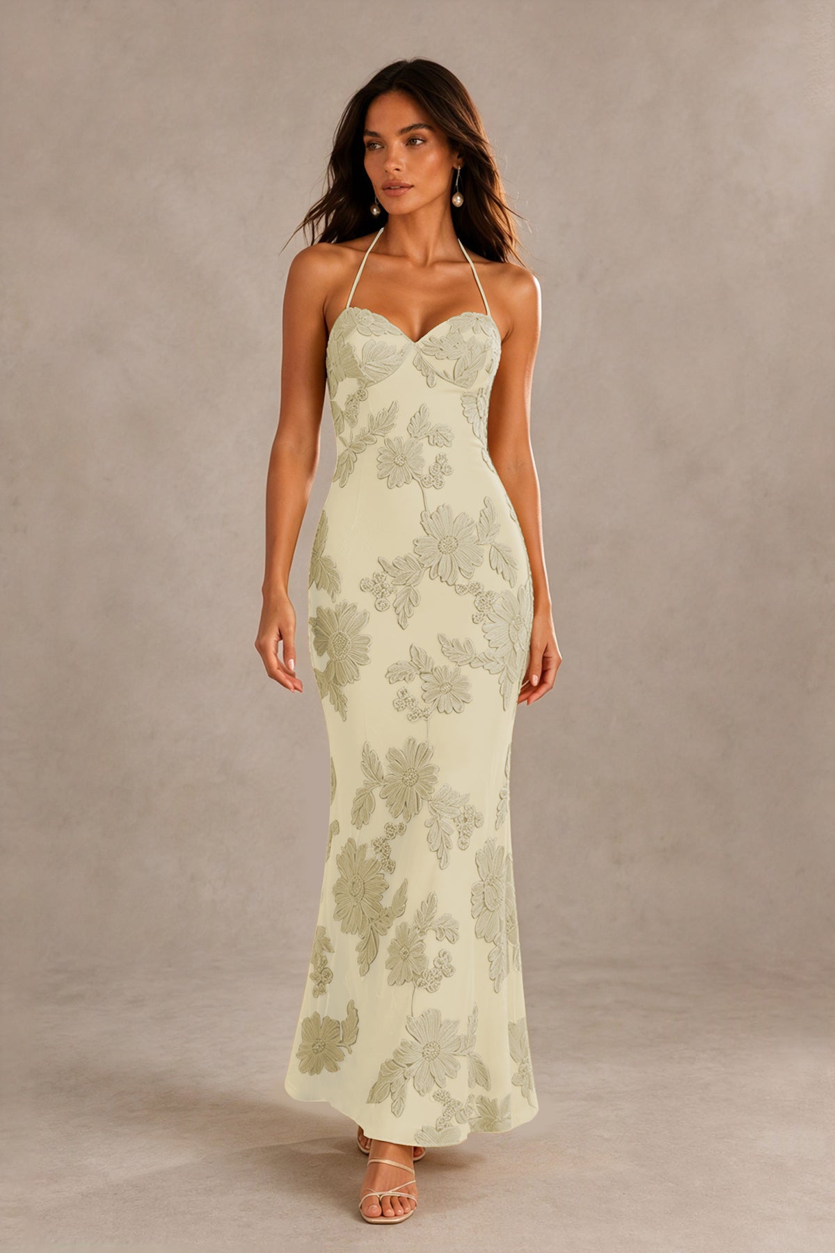 BOLODOO Champagne Halter Sweetheart Floral Embroidered Lace-Up Open Back Maxi Dress | BD0257 - Champagne