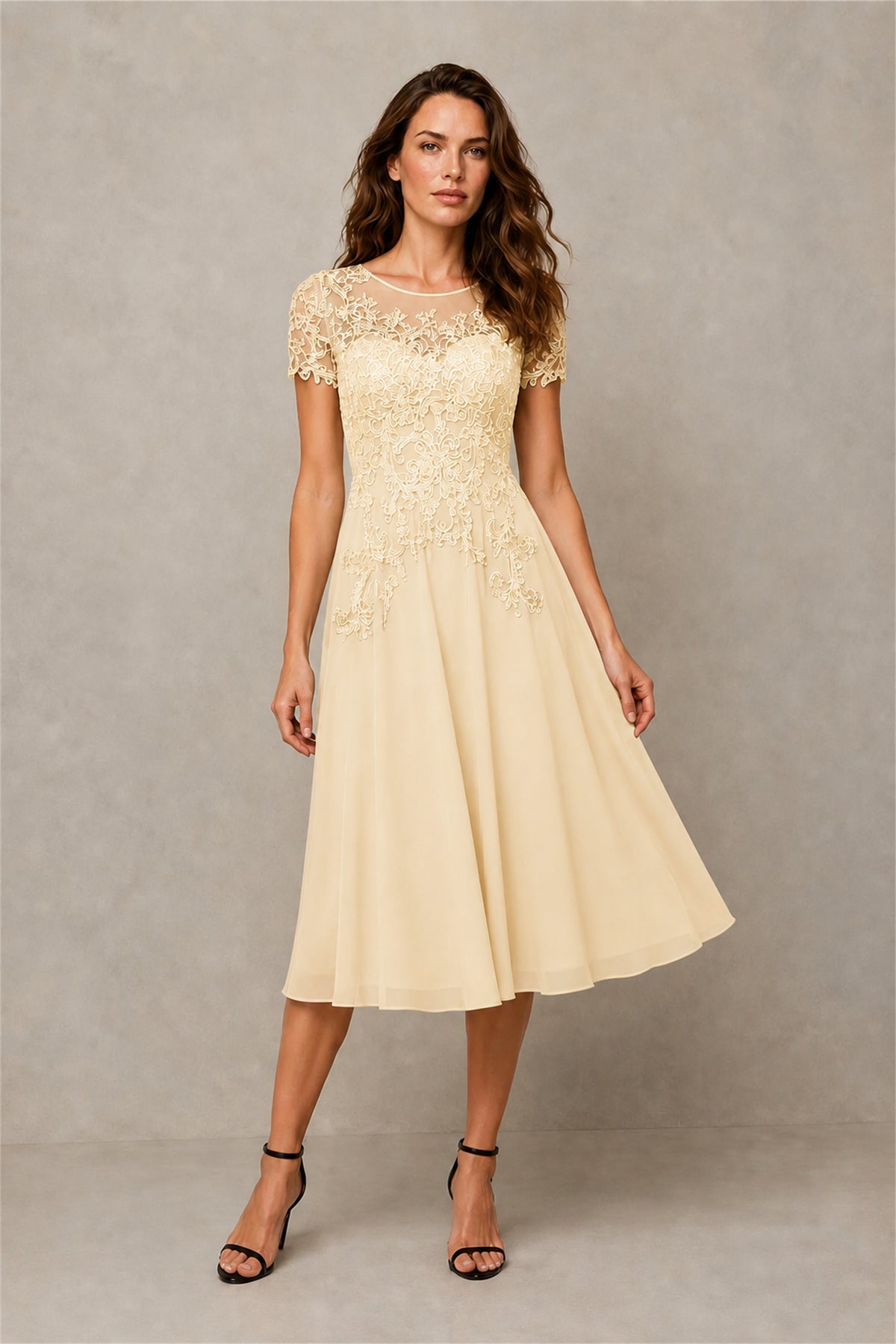 BOLODOO Steel Champagne Beaded Lace Illusion Bodice Chiffon Tea-Length Dress | Mother of the Bride & Cocktail Party - Champagne