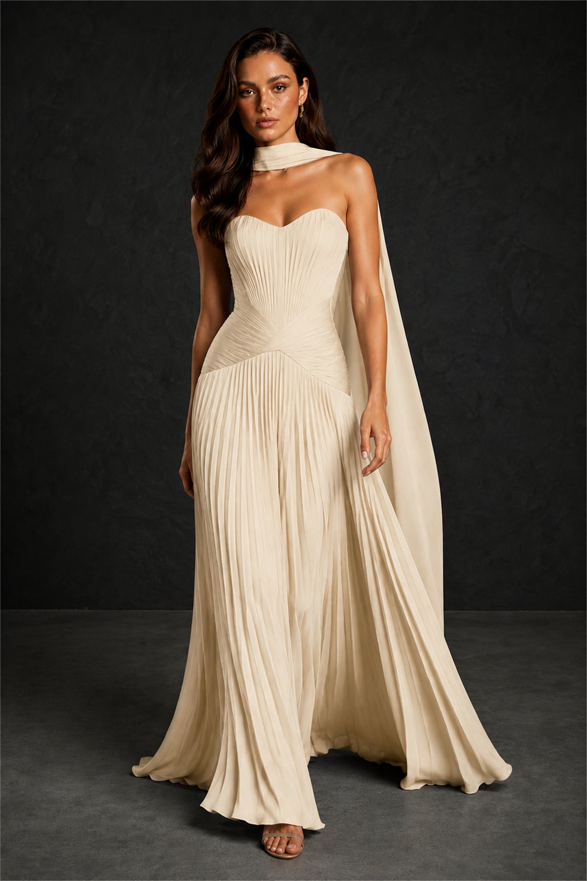BOLODOO Champagne Sweetheart Strapless Neck Scarf Pleated Backless A-Line Chiffon Maxi Dress - Champagne