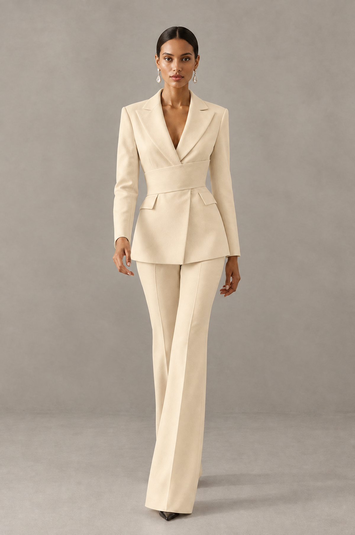 BOLODOO Champagne Two-Piece Pantsuit with Tailored Blazer & Flared Pants - Champagne - Champagne (3)