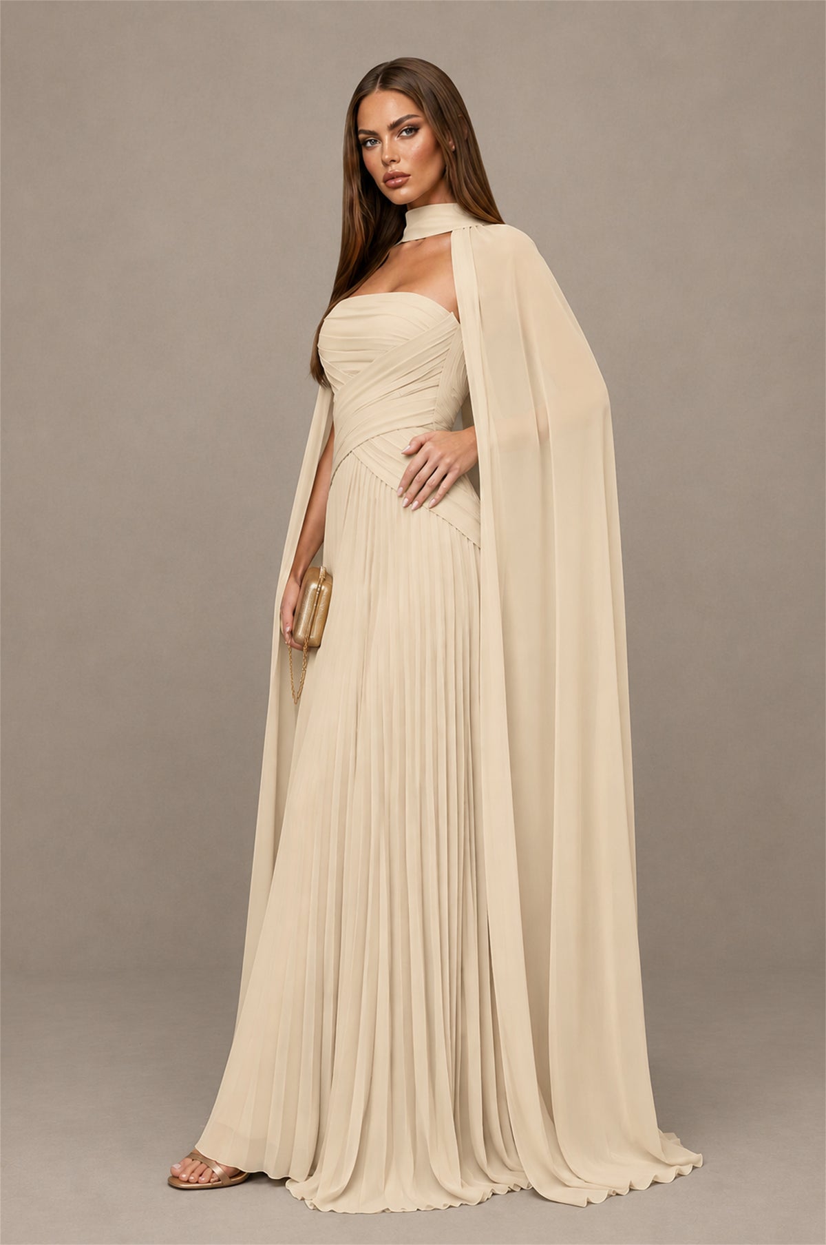 BOLODOO Champagne Strapless Crossover Ruched Bodice Detached Turtleneck Cape Lace-Up Back Pleated Chiffon Maxi Dress - Champagne