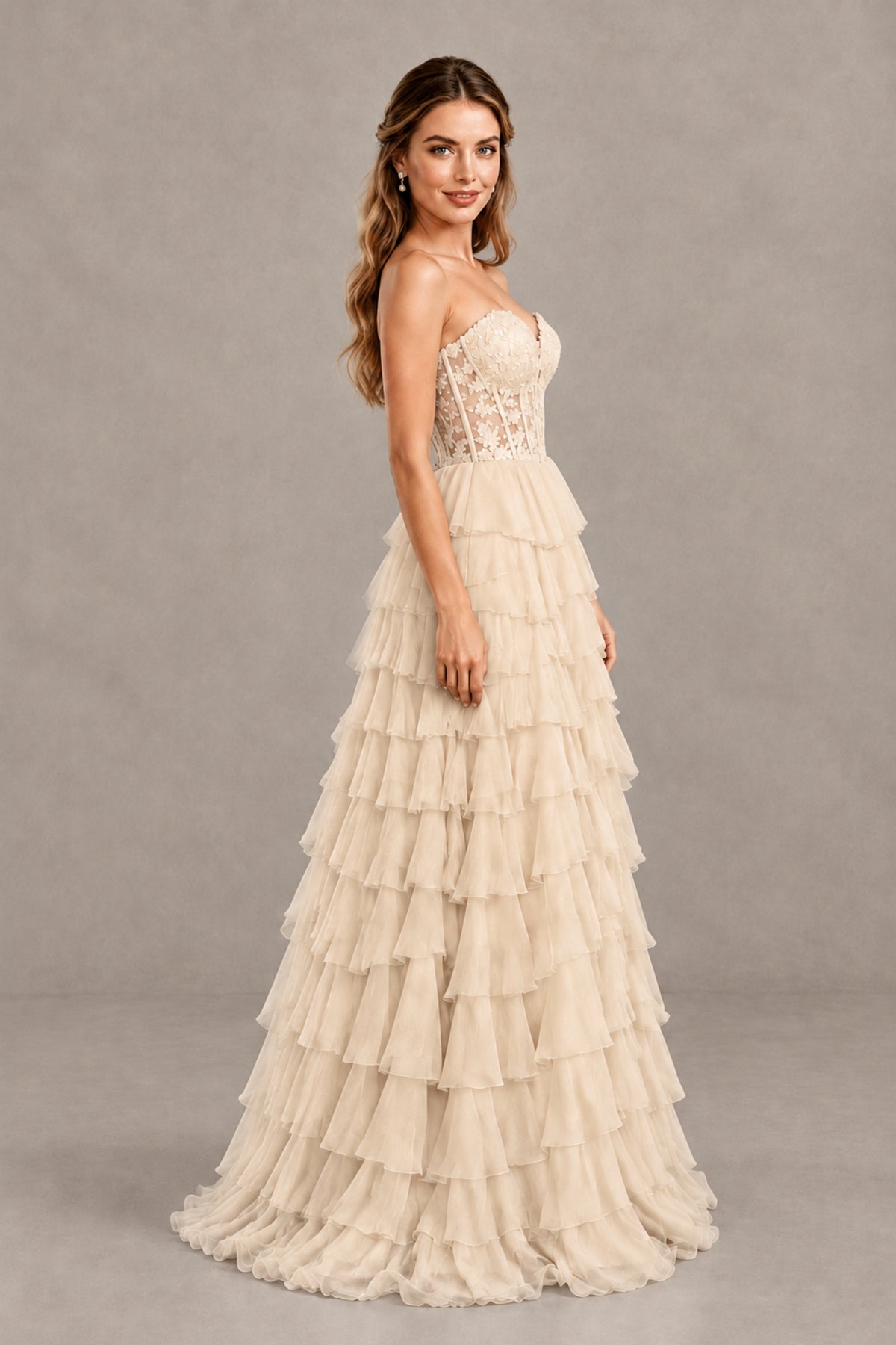 BOLODOO Champagne Strapless Lace Corset Tiered Ruffle Prom Dress with Slit - Champagne - Champagne (3)