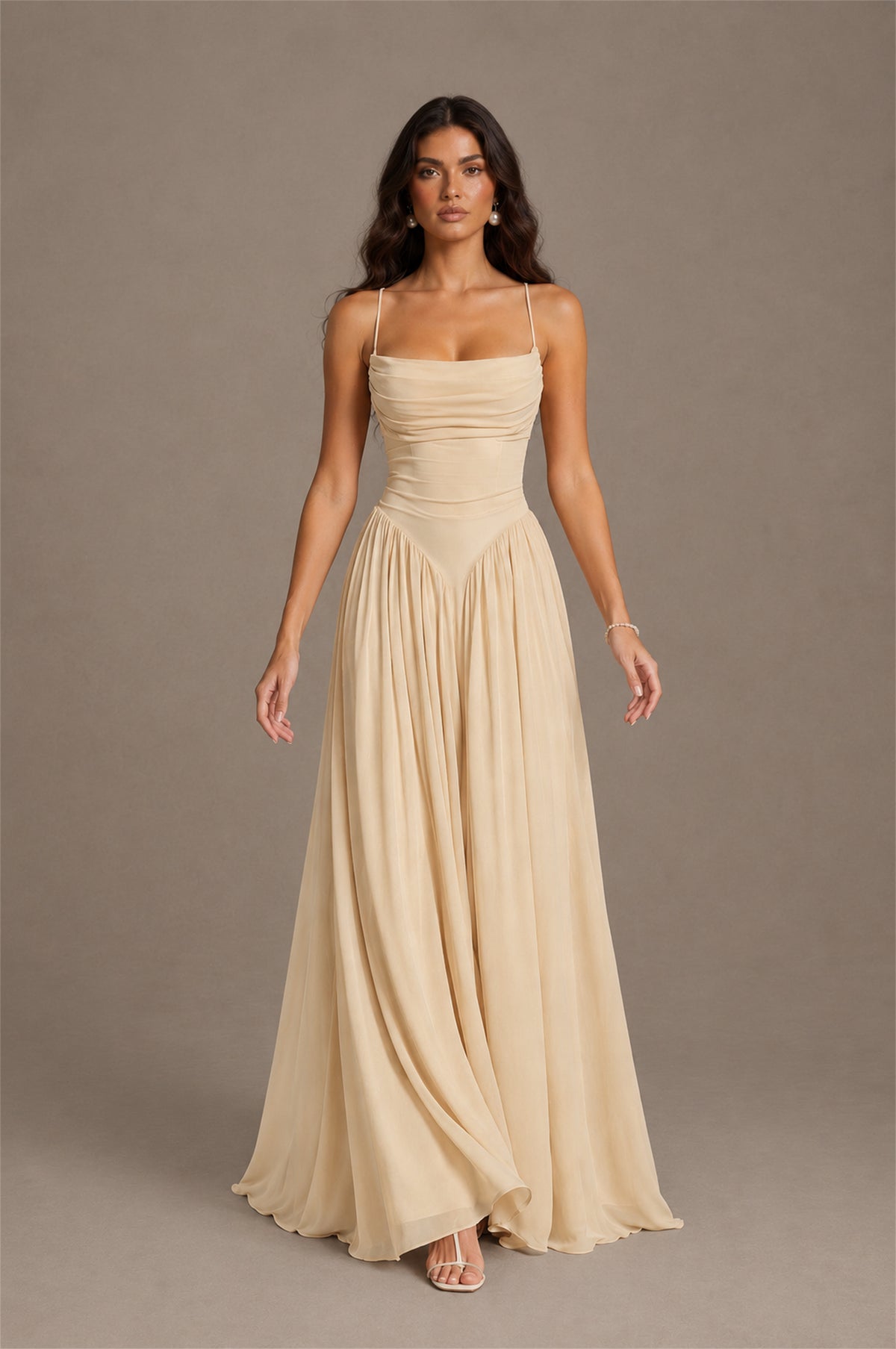 BOLODOO Champagne Spaghetti Strap Square Neck Ruched Chiffon Maxi Dress with Lace-Up Back - Champagne