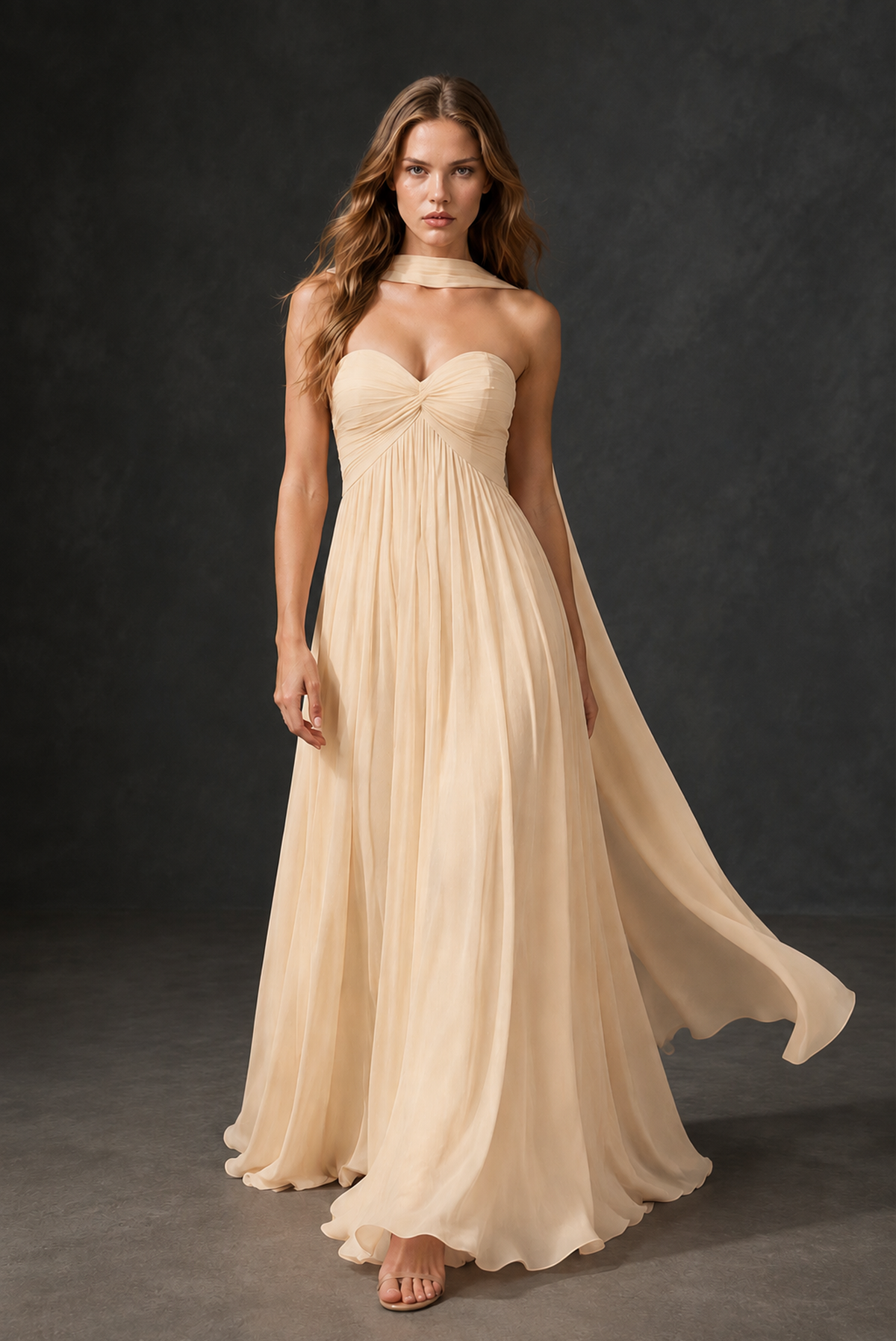BOLODOO Champagne Sweetheart Strapless Twist Knot Detached Halter Scarf Lace-Up Back Empire Waist Chiffon Maxi Dress - Champagne