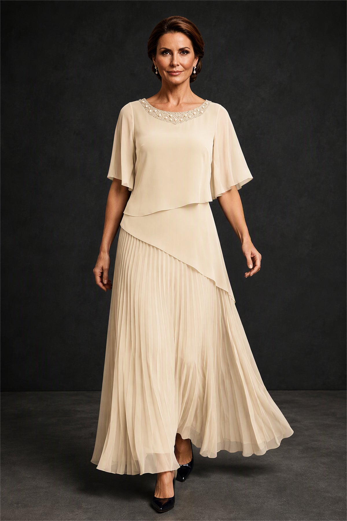 BOLODOO Champagne Pearl Beaded Neck Asymmetric Tiered Flutter Sleeve Pleated Chiffon Maxi Dress - Champagne