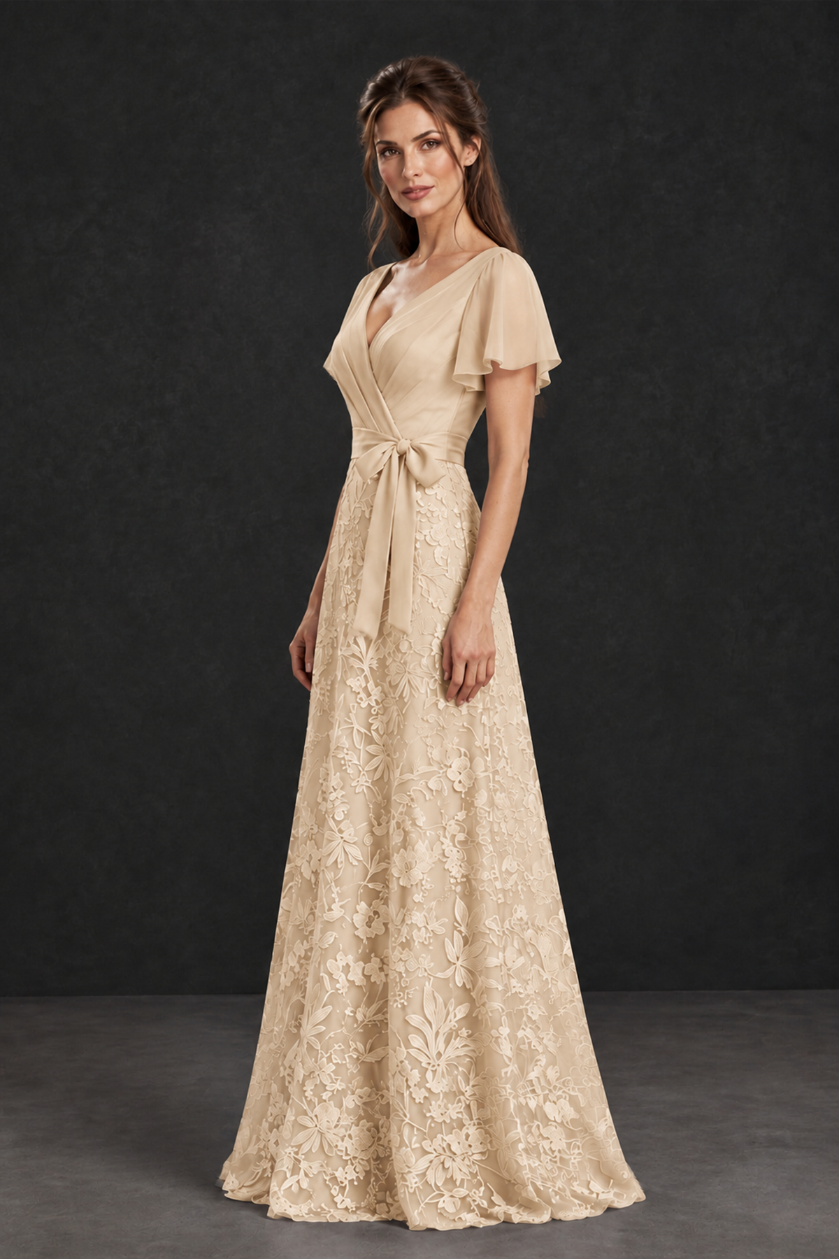 BOLODOO Champagne Flutter Sleeve Lace Mother of the Bride Dress - Champagne
