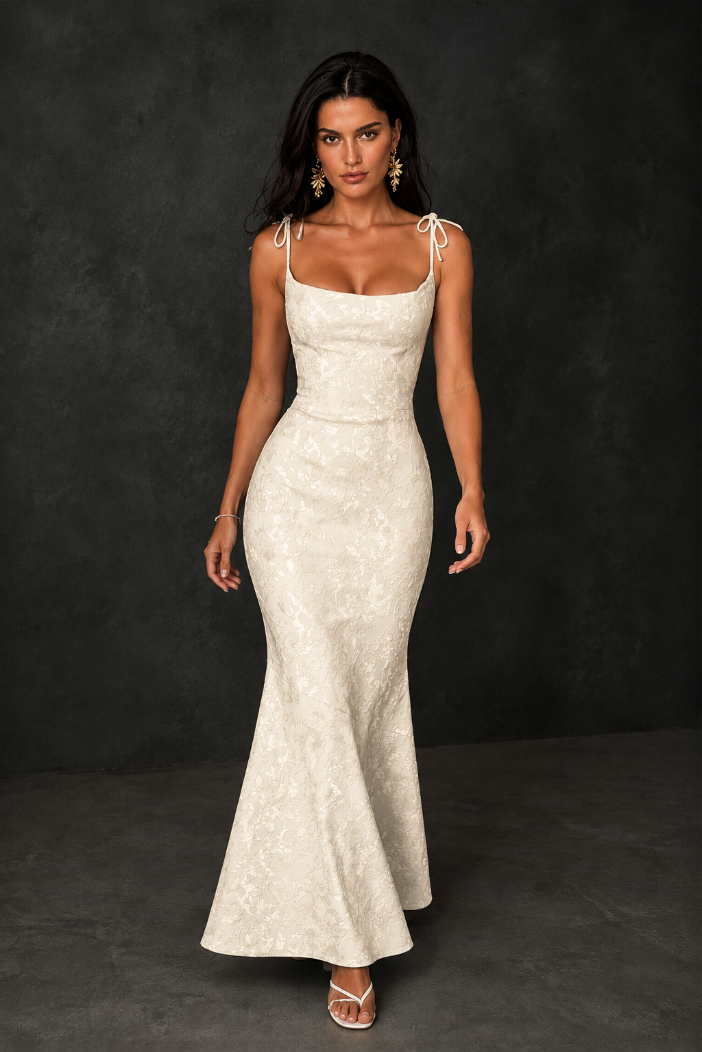 BOLODOO Champagne Scoop Neck Tie Strap Lace-Up Back Floral Jacquard Mermaid Maxi Dress - Champagne