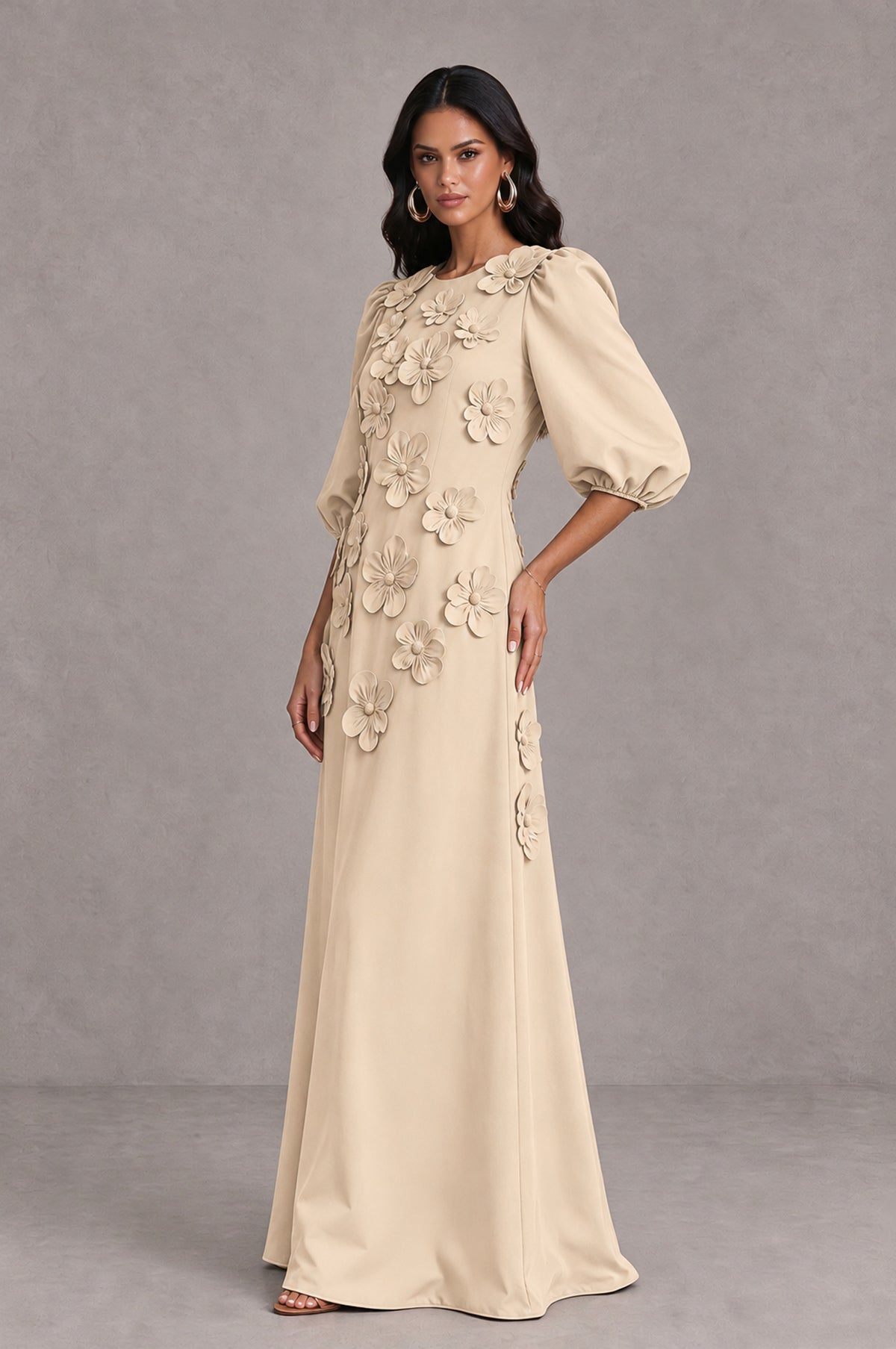 BOLODOO Champagne Floral Applique Puff Sleeve A-Line Evening Dress - Champagne - Champagne (4)