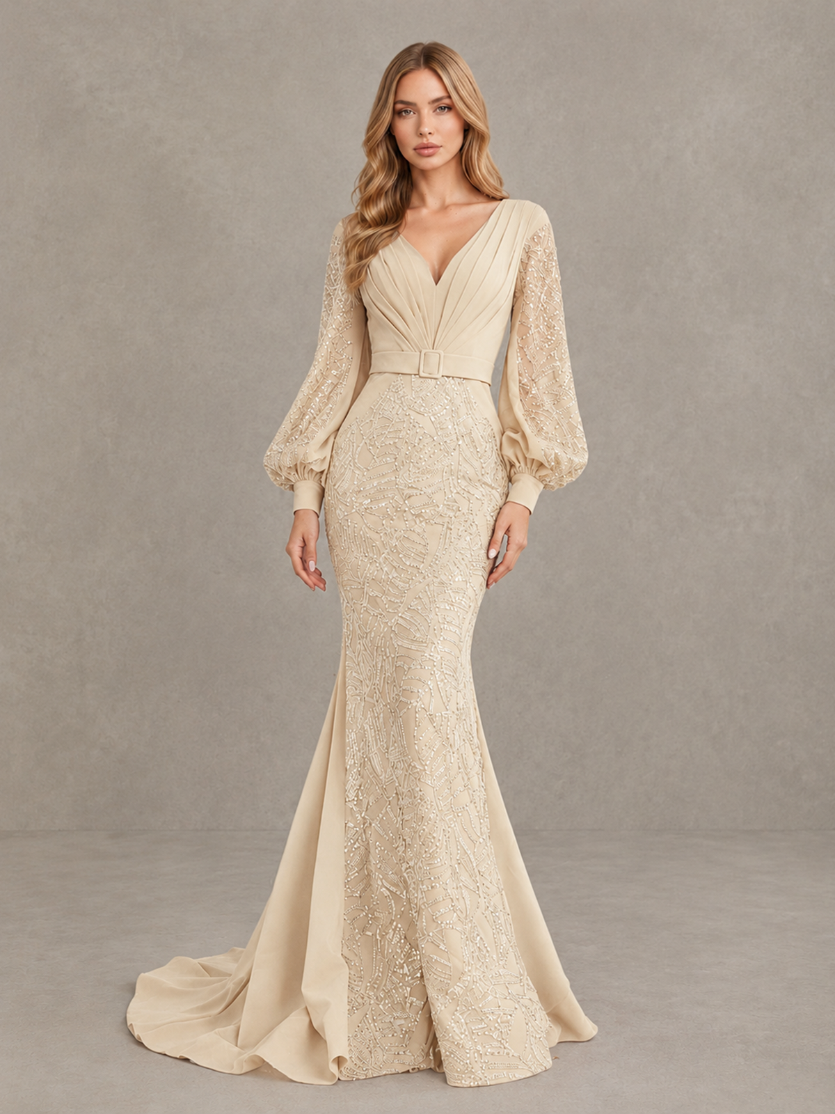 BOLODOO Champagne Sequin Long Bishop Sleeve Mermaid Evening Dress - Champagne - Champagne (4)