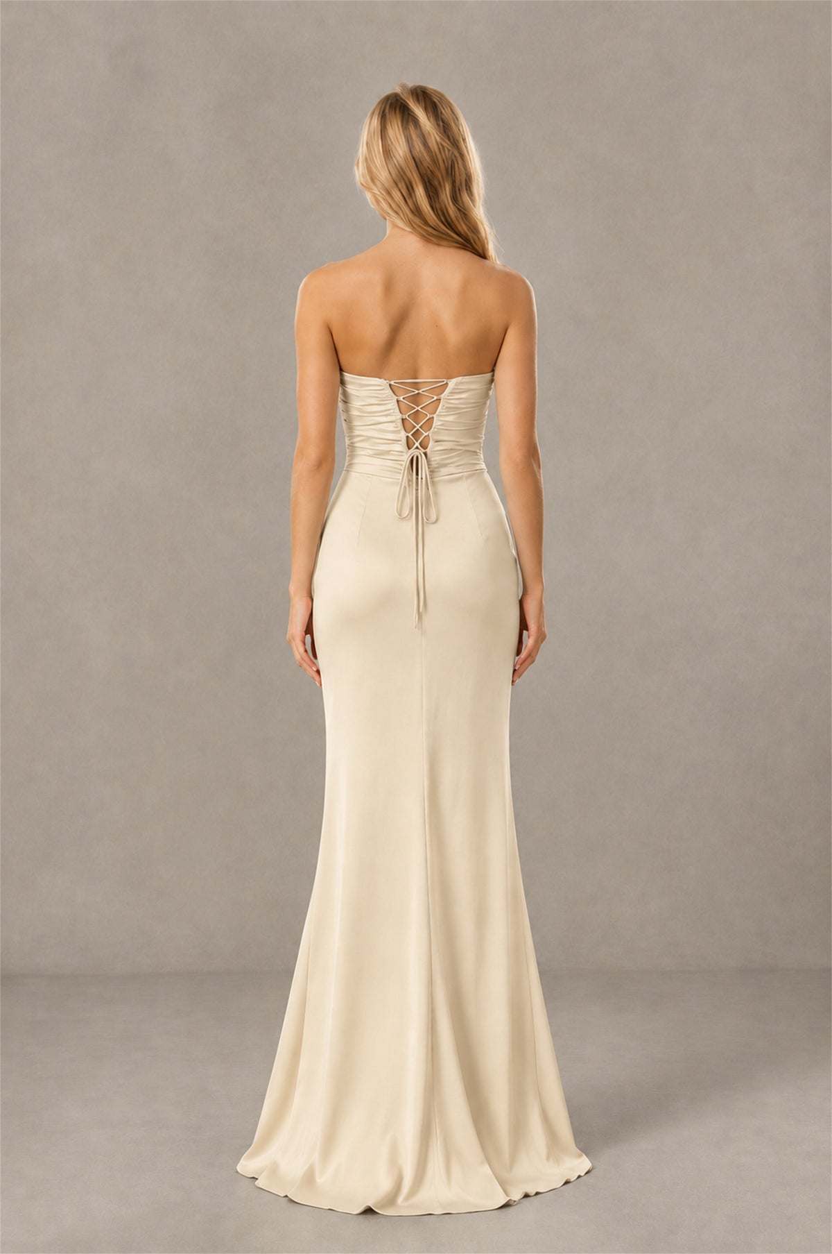 BOLODOO Champagne Sweetheart Strapless Twist Knot Cutout Lace-Up Back Satin Mermaid Maxi Dress - Champagne - Champagne (4)