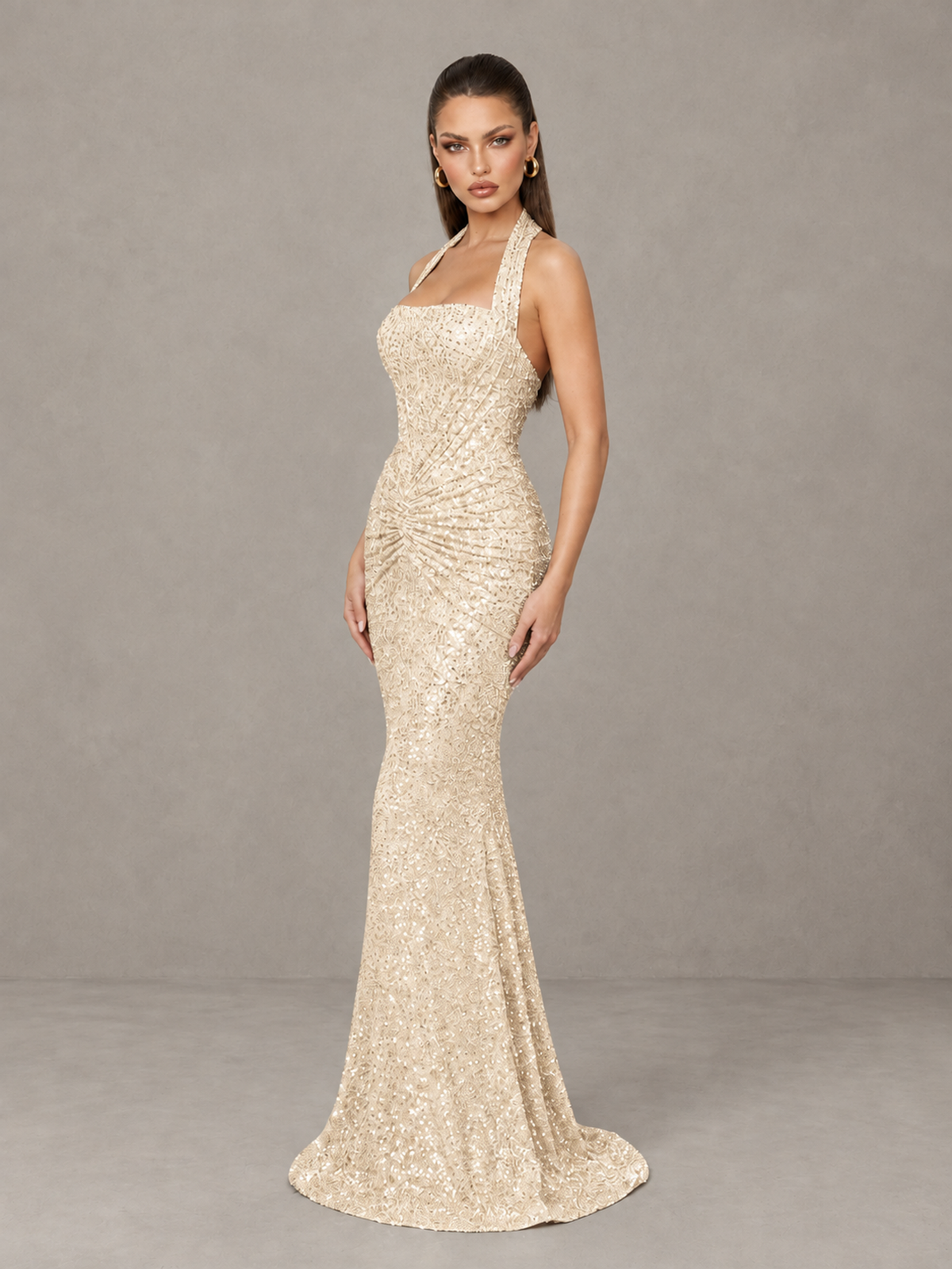 BOLODOO Champagne Sequin Halter Mermaid Evening Gown - Champagne - Champagne (4)