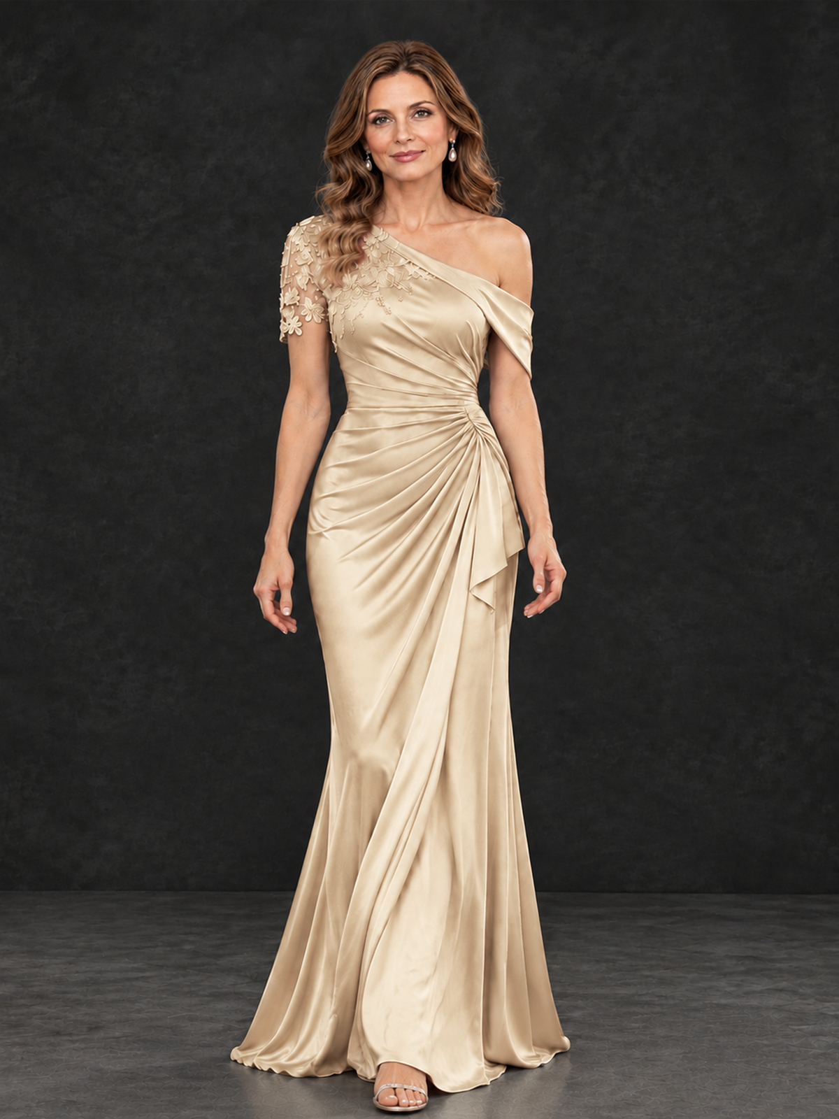 BOLODOO Champagne Asymmetric Satin Mother of the Bride Dress with Lace Sleeve - Champagne - Champagne (4)