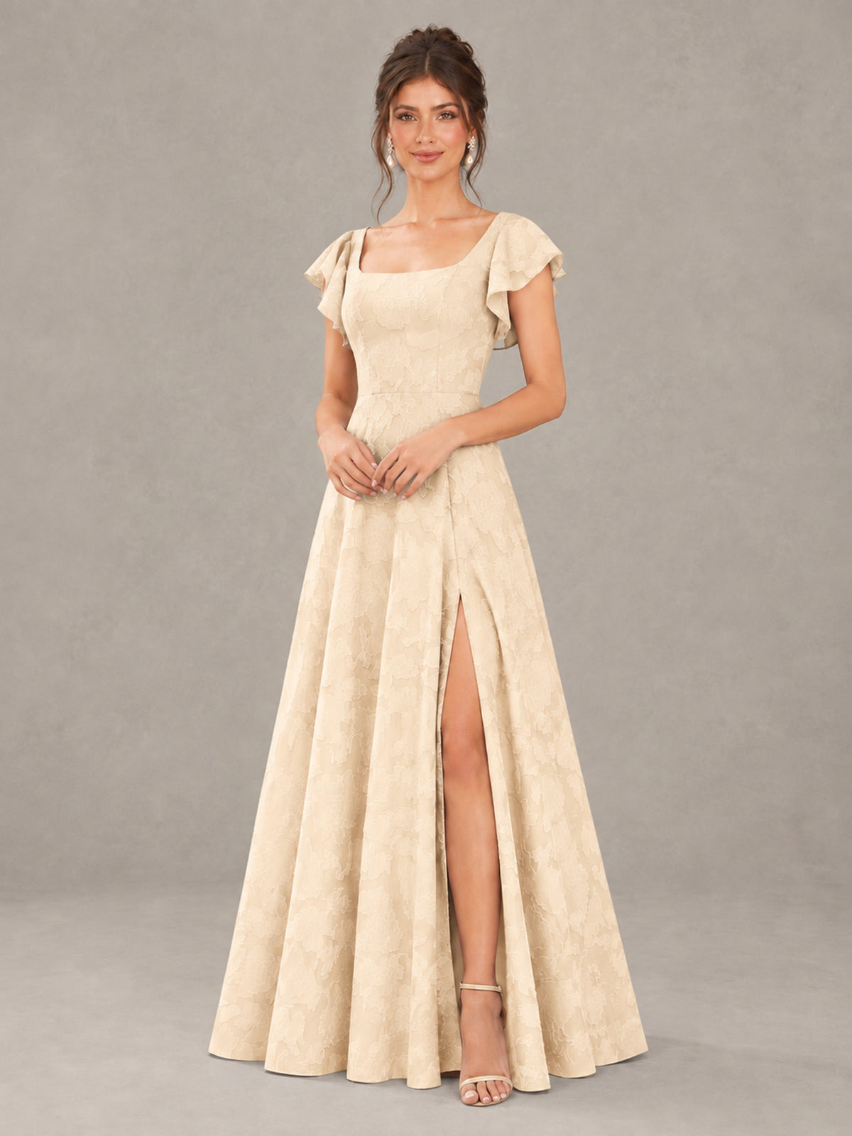 BOLODOO Champagne Floral Flutter Sleeve Bridesmaid Dress with Slit - Champagne - Champagne (4)