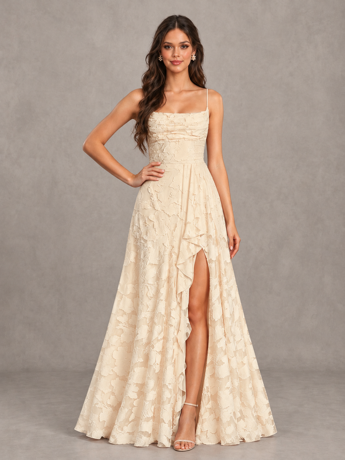 BOLODOO Champagne Floral Appliqué Slit Maxi Dress - Champagne - Champagne (4)