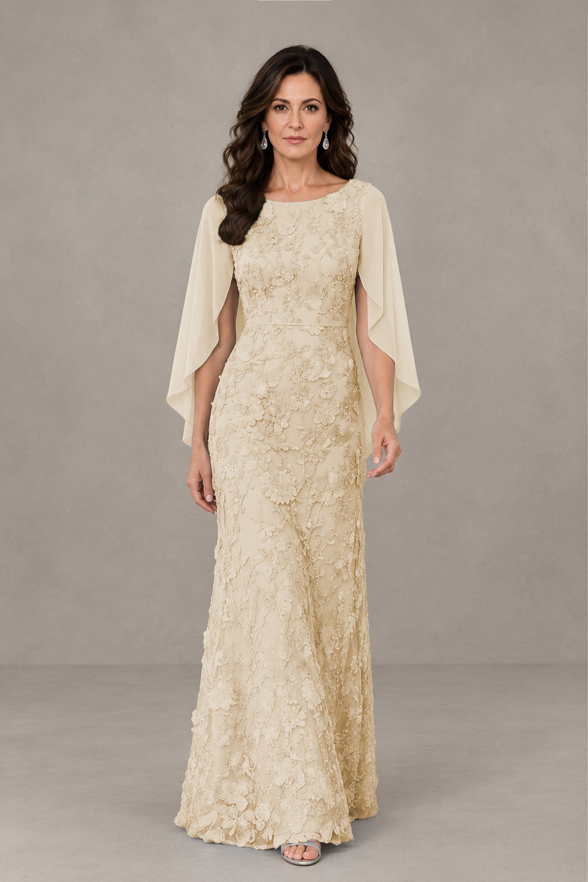 BOLODOO Champagne Lace Mother of the Bride Dress with Cape Sleeves - Champagne