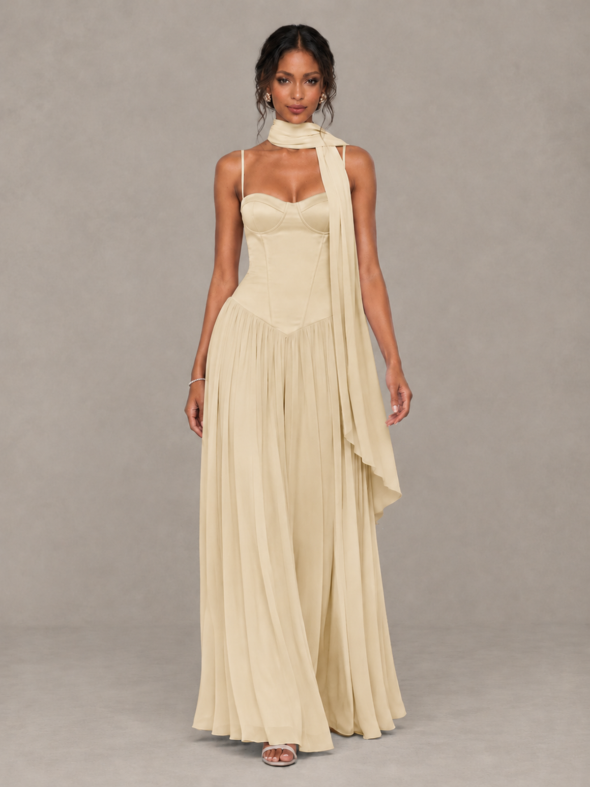 BOLODOO Champagne Corset Bridesmaid Dress with Scarf - Champagne - Champagne (4)