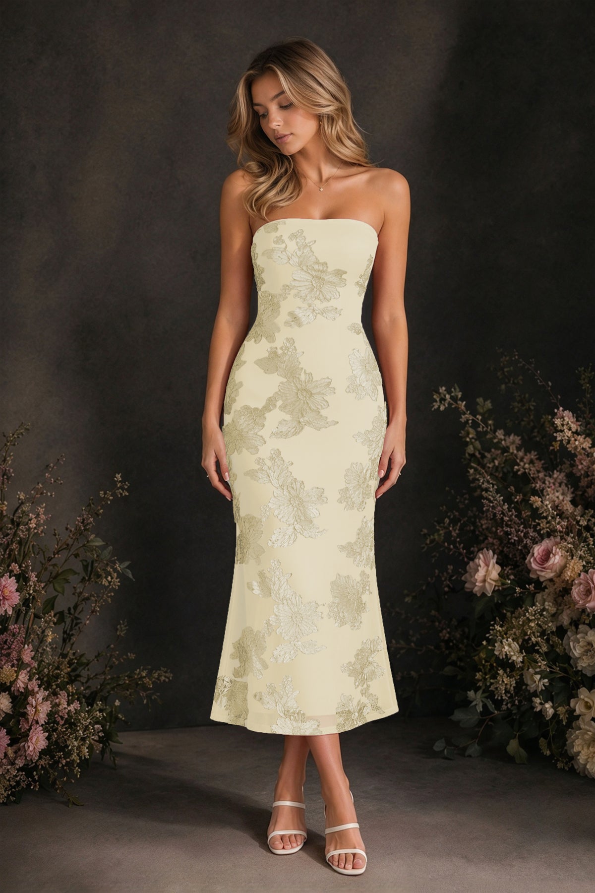 BOLODOO Champagne Tonal Floral Embroidered Mesh Strapless Open Back Bodycon Midi Tea Length Dress - Champagne