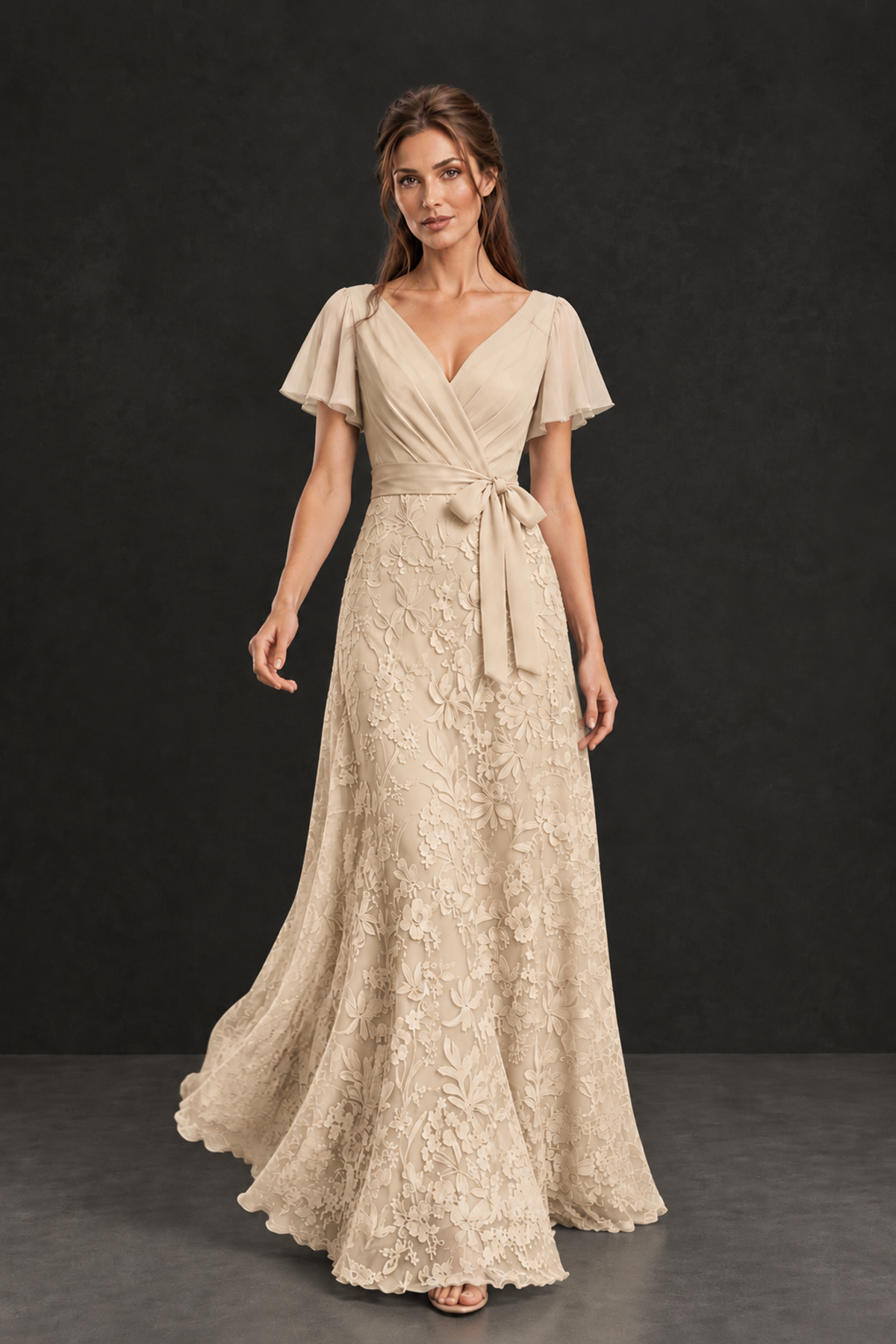 BOLODOO Champagne Flutter Sleeve Lace Mother of the Bride Dress - Champagne