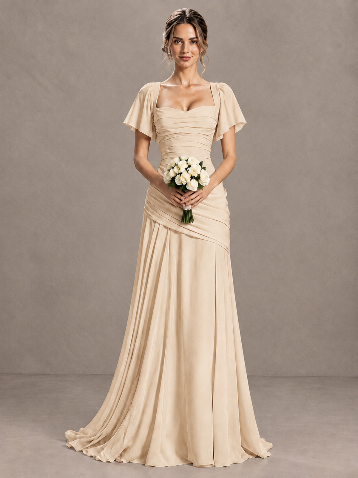 BOLODOO Champagne Flutter Sleeve Lace-Up Back Maxi Dress - Champagne - Champagne (4)