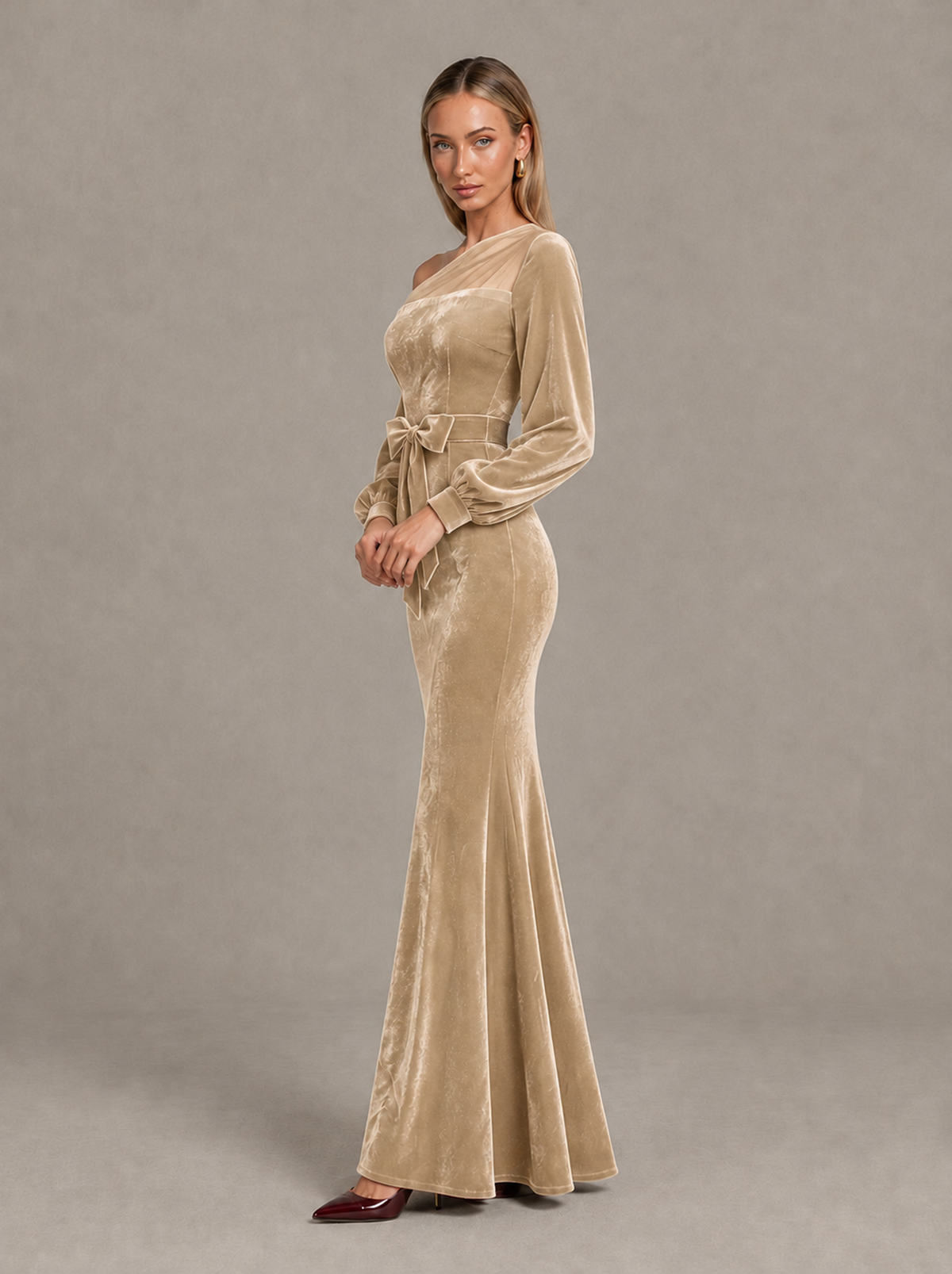 BOLODOO Champagne Velvet Mermaid Evening Dress with Long Sleeves - Champagne - Champagne (4)