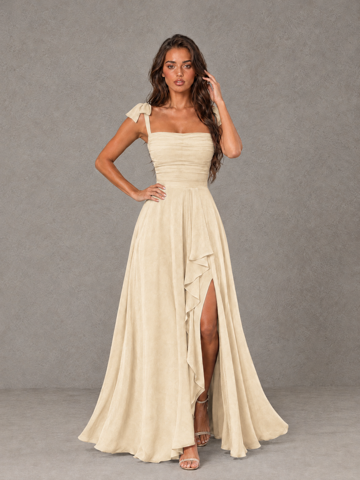 BOLODOO Champagne Bow-Strap Bridesmaid Dress with Ruffle Slit - Champagne - Champagne (4)
